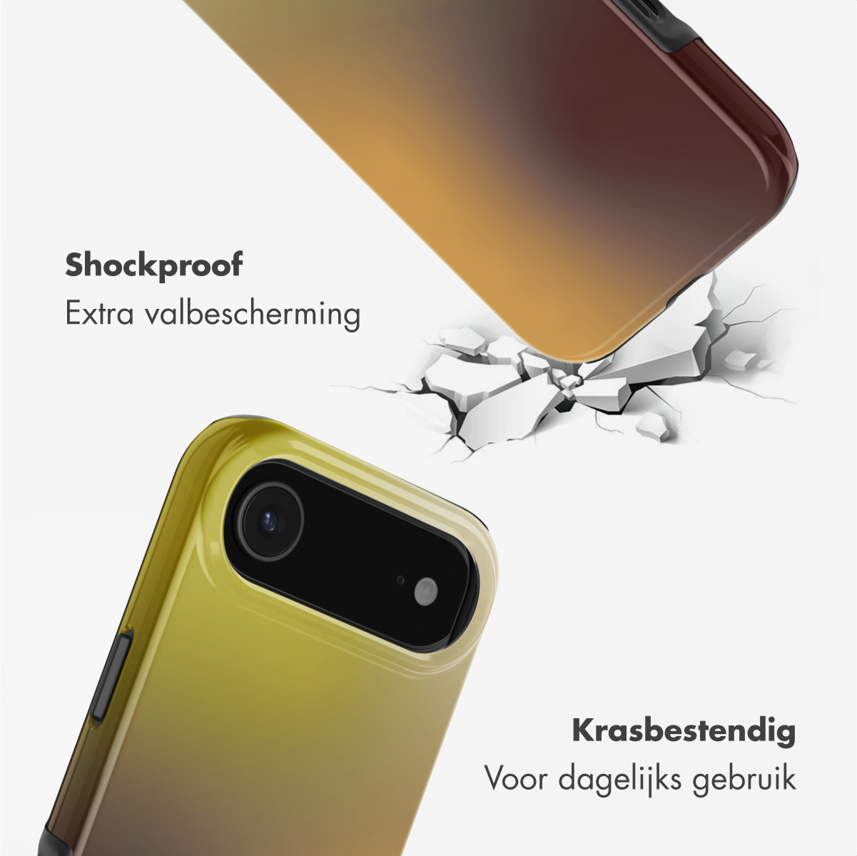 Twee telefoonhoesjes, één valt, één op de grond. Schokbestendige en krasbestendige tekst aanwezig.