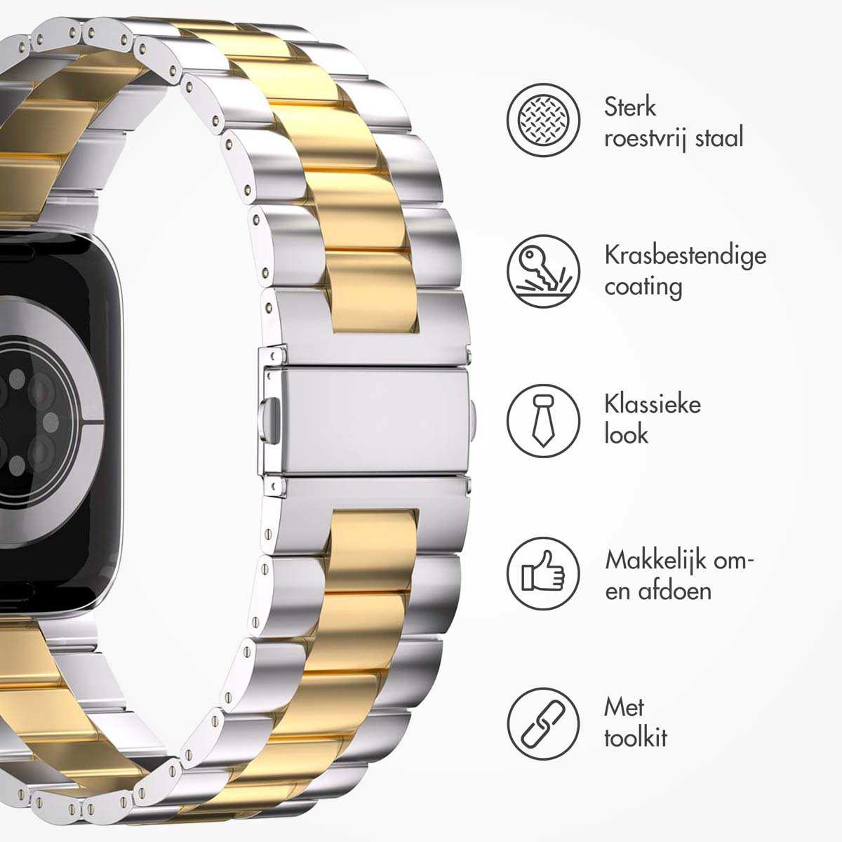 A silver and gold watch band is shown. Features include stainless steel, scratch-resistant coating, classic look, easy to use, and a toolkit.