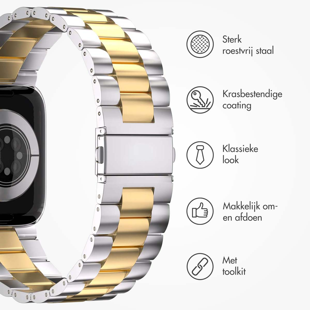 A watch band with gold and silver links is shown. It is made of stainless steel, with a scratch-resistant coating, and a classic look.