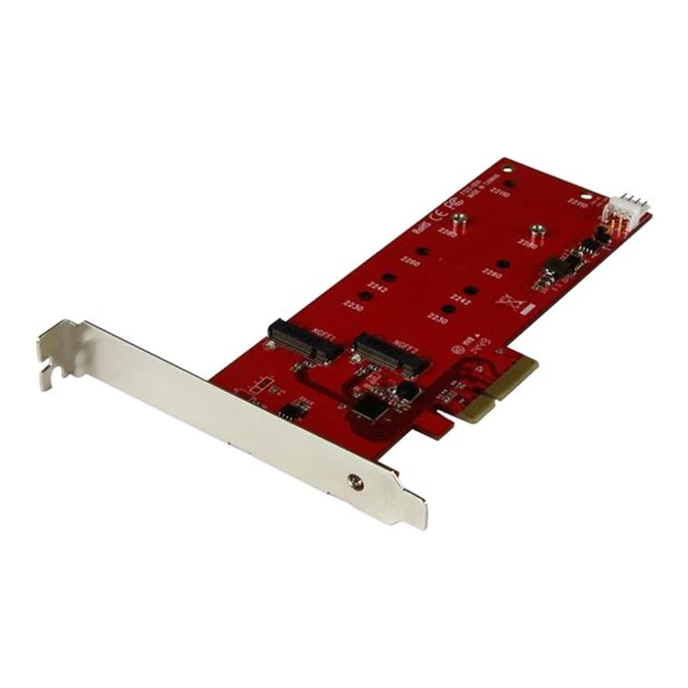 Una placa de circuito roja con un soporte de metal plateado. Los componentes incluyen puertos negros, conector blanco y marcas.