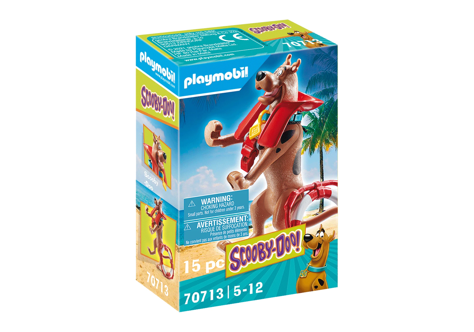 Eine Playmobil-Box mit Scooby-Doo und einem roten Rettungsring. Die Box zeigt die Figur an einem Strand mit Palmen.