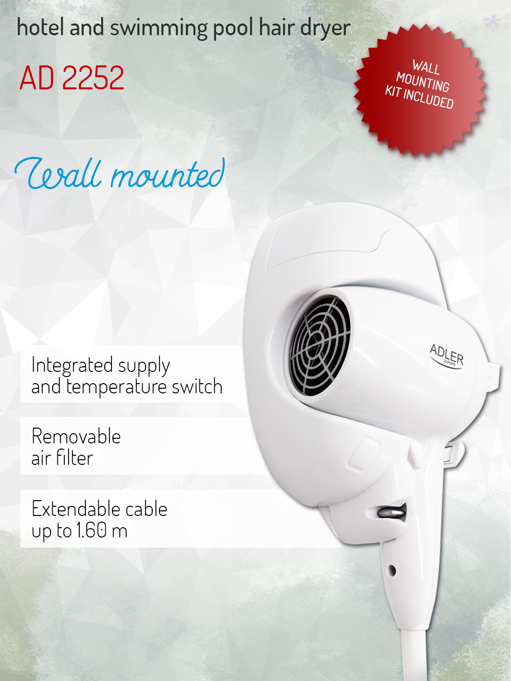 Een witte aan de muur gemonteerde haardroger, met een zwarte luchtinlaat. Tekst bevat 'AD 2252', 'Wall mounted' en 'Wall mounting kit included'.