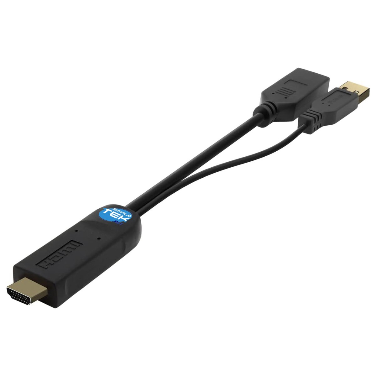 Un cavo adattatore HDMI nero con connettori USB e HDMI. Il cavo ha un logo Simple Tek blu e bianco.