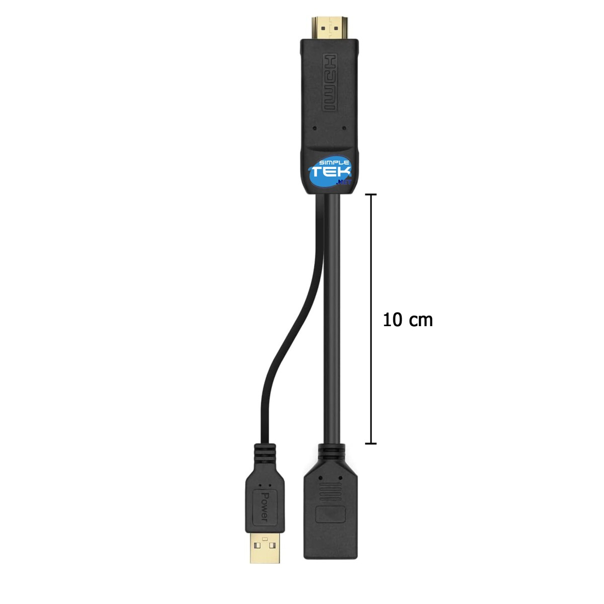 Cavo HDMI nero con logo Simple Tek e connettore di alimentazione USB. Il cavo è lungo 10 cm su sfondo bianco.