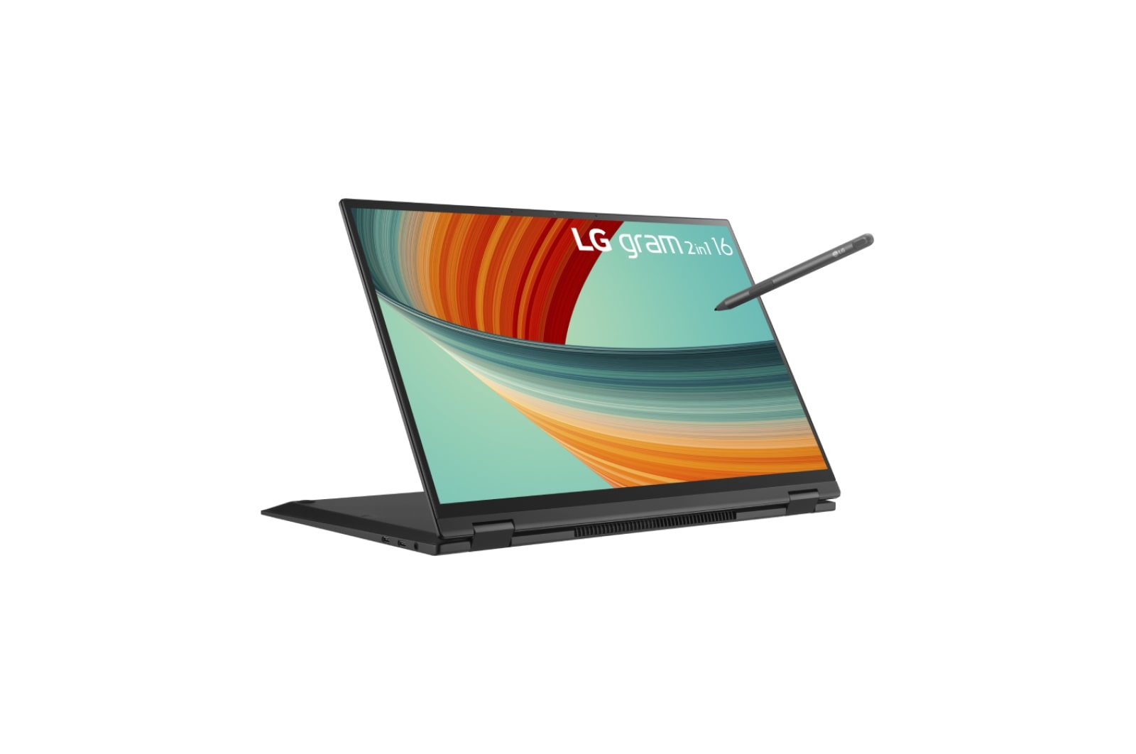Laptop LG Gram 2 w 1 16 z rysikiem. Ekran wyświetla abstrakcyjny pomarańczowo-turkusowy design.