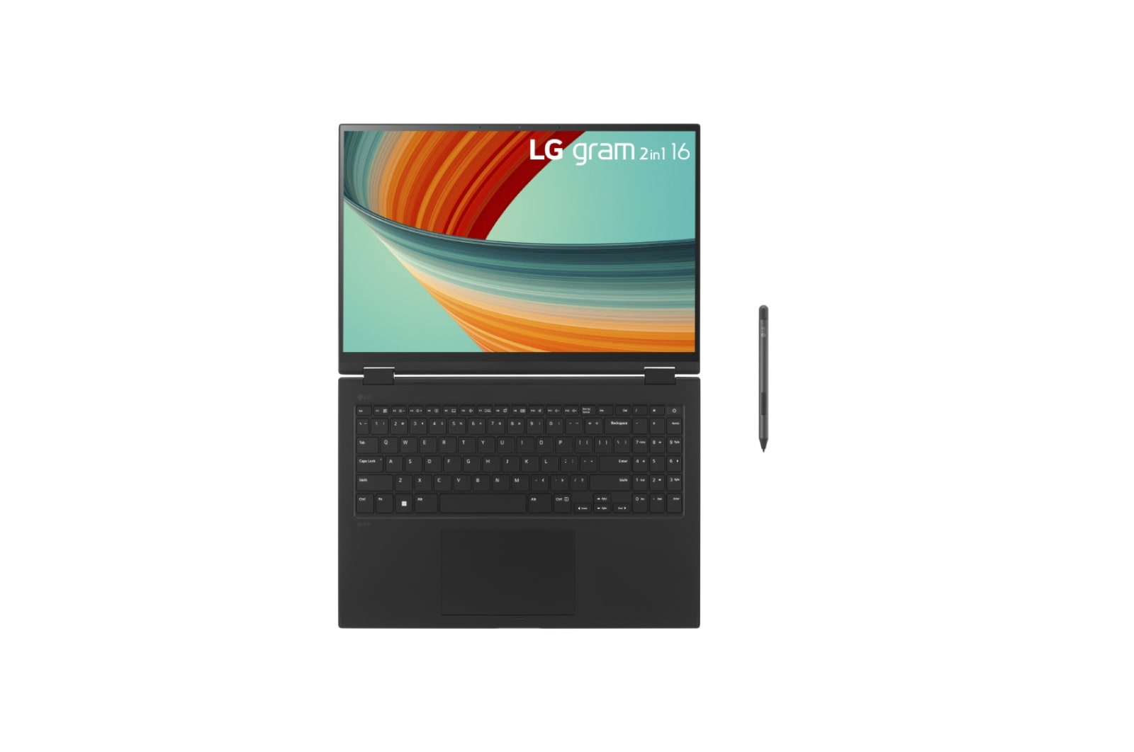 Otwarty czarny laptop LG Gram 2-w-1 16 z rysikiem na białym tle. Ekran wyświetla kolorowy abstrakcyjny wzór.