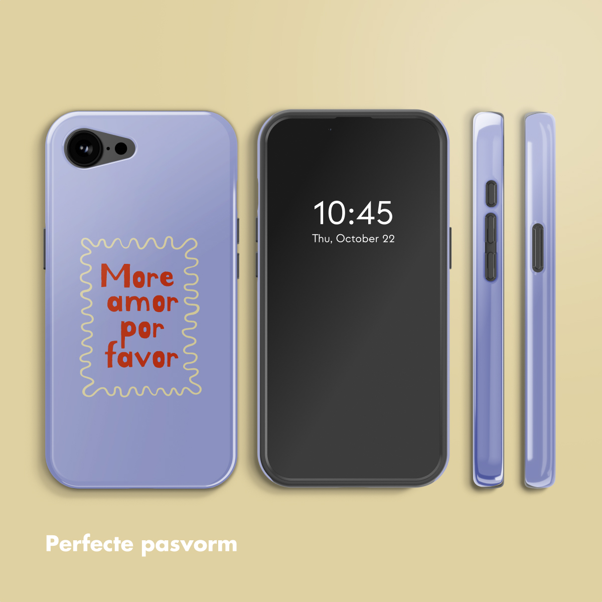 Un téléphone avec une coque disant 'More amor por favor'. L'écran affiche 10:45, 22 octobre. D'autres coques de téléphone sont visibles sur fond jaune.