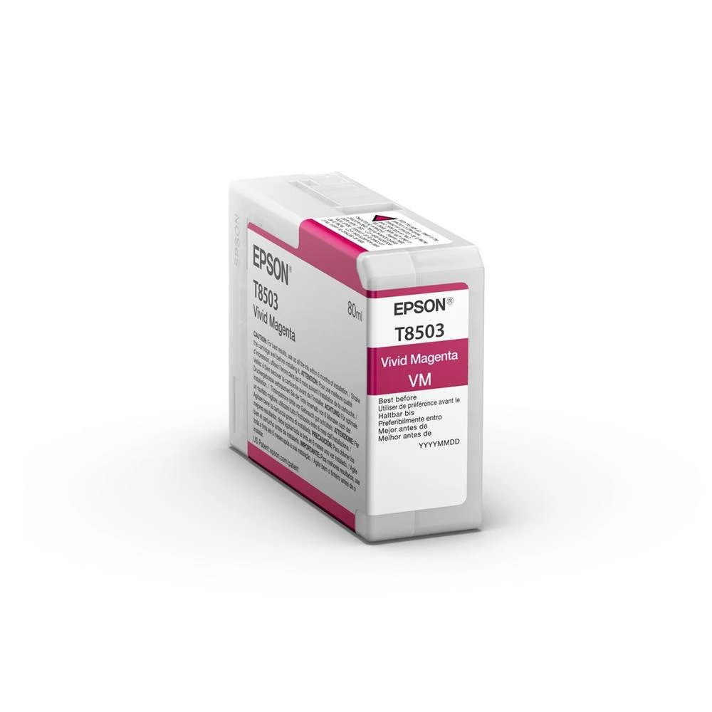 Een Epson T8503 Vivid Magenta inktcartridge. Witte en roze verpakking met productdetails en branding.