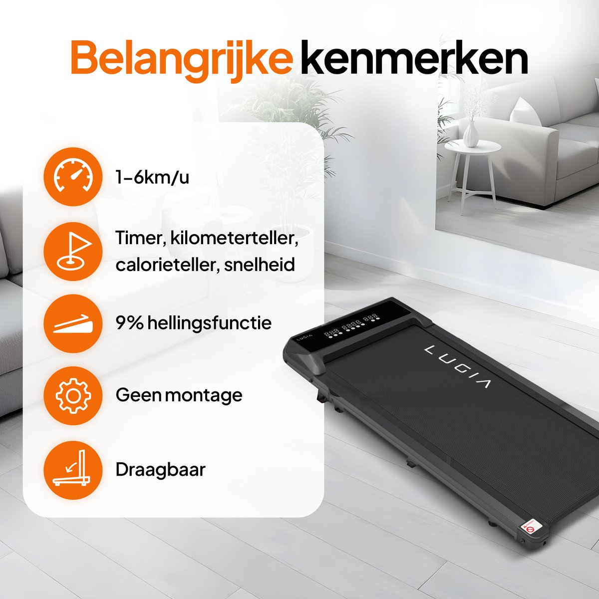 Ein schwarzes Laufband mit dem Markennamen LUGIA. Es hat ein digitales Display und steht in einem modernen Wohnzimmer.