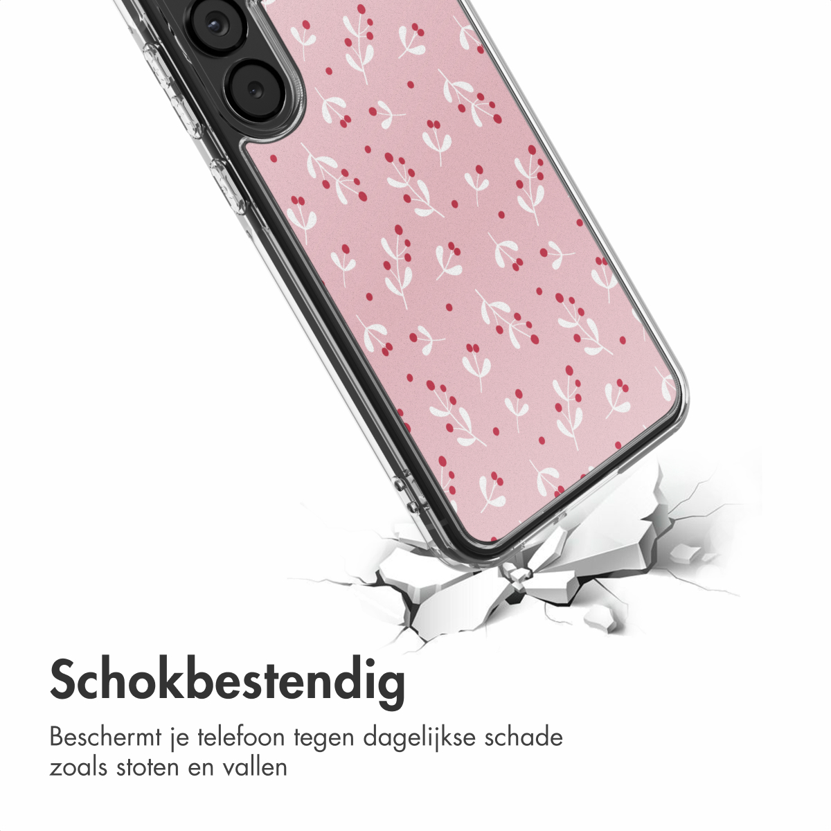 Een telefoonhoesje met een roze bloemenpatroon valt en breekt een wit oppervlak. De hoes heeft een doorzichtige rand en een zwart camera gebied.