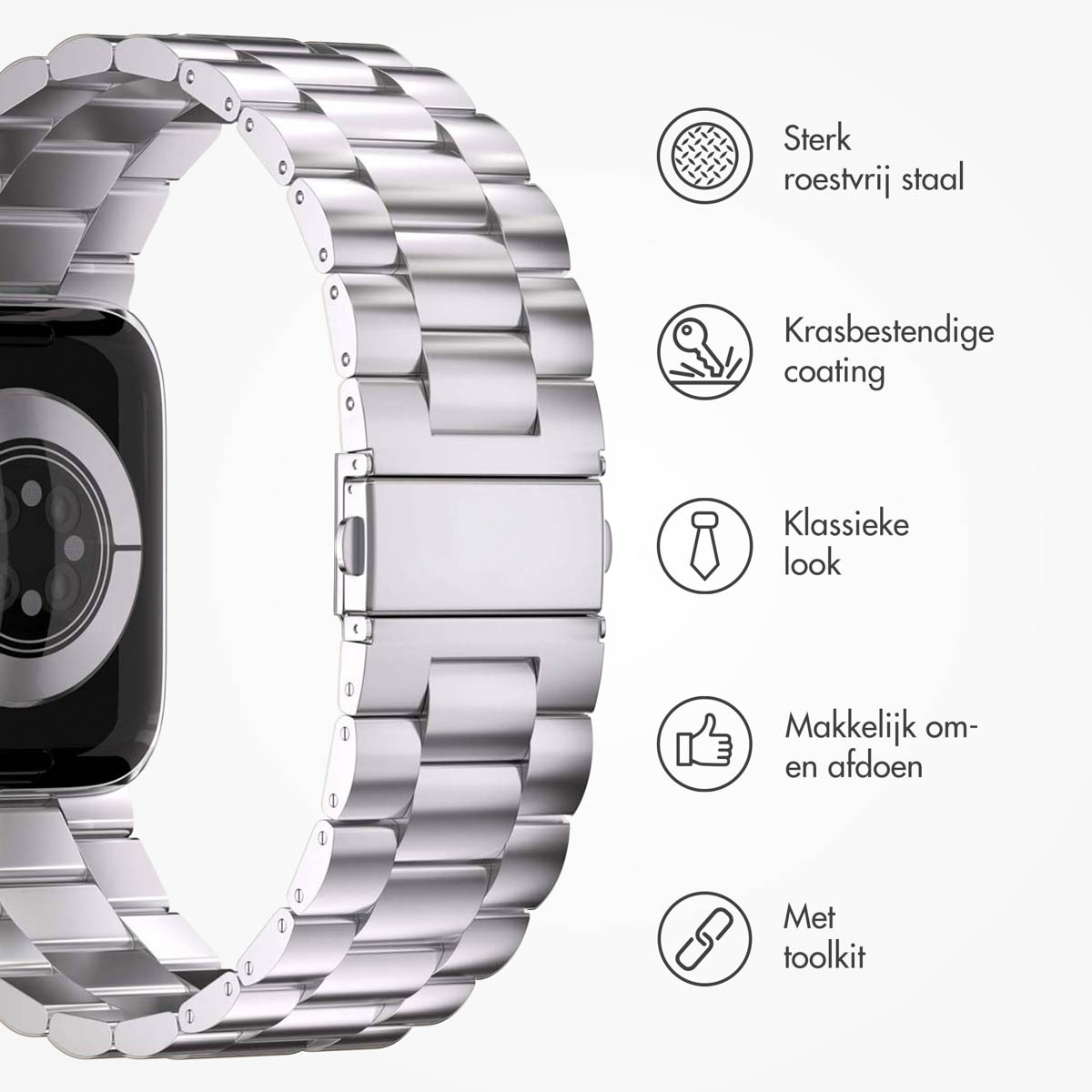 A silver watch strap with a clasp, next to icons describing features: stainless steel, scratch-resistant coating, classic look, easy to use.