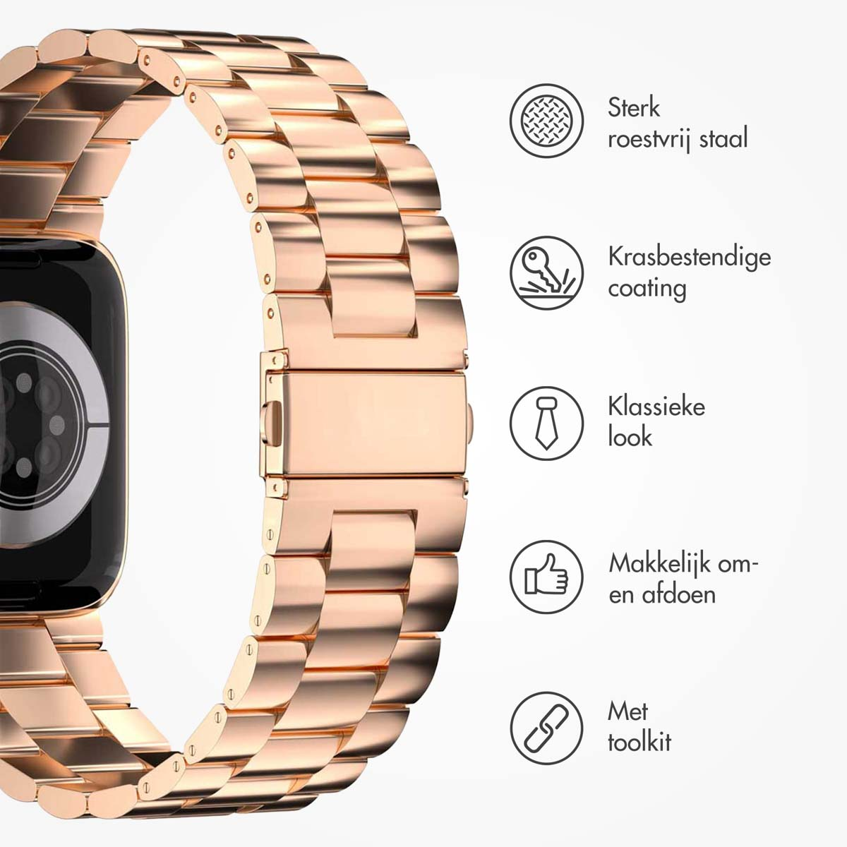 Close-up of a rose gold watch band. It is attached to a black watch face. Text descriptions show the features of the band.
