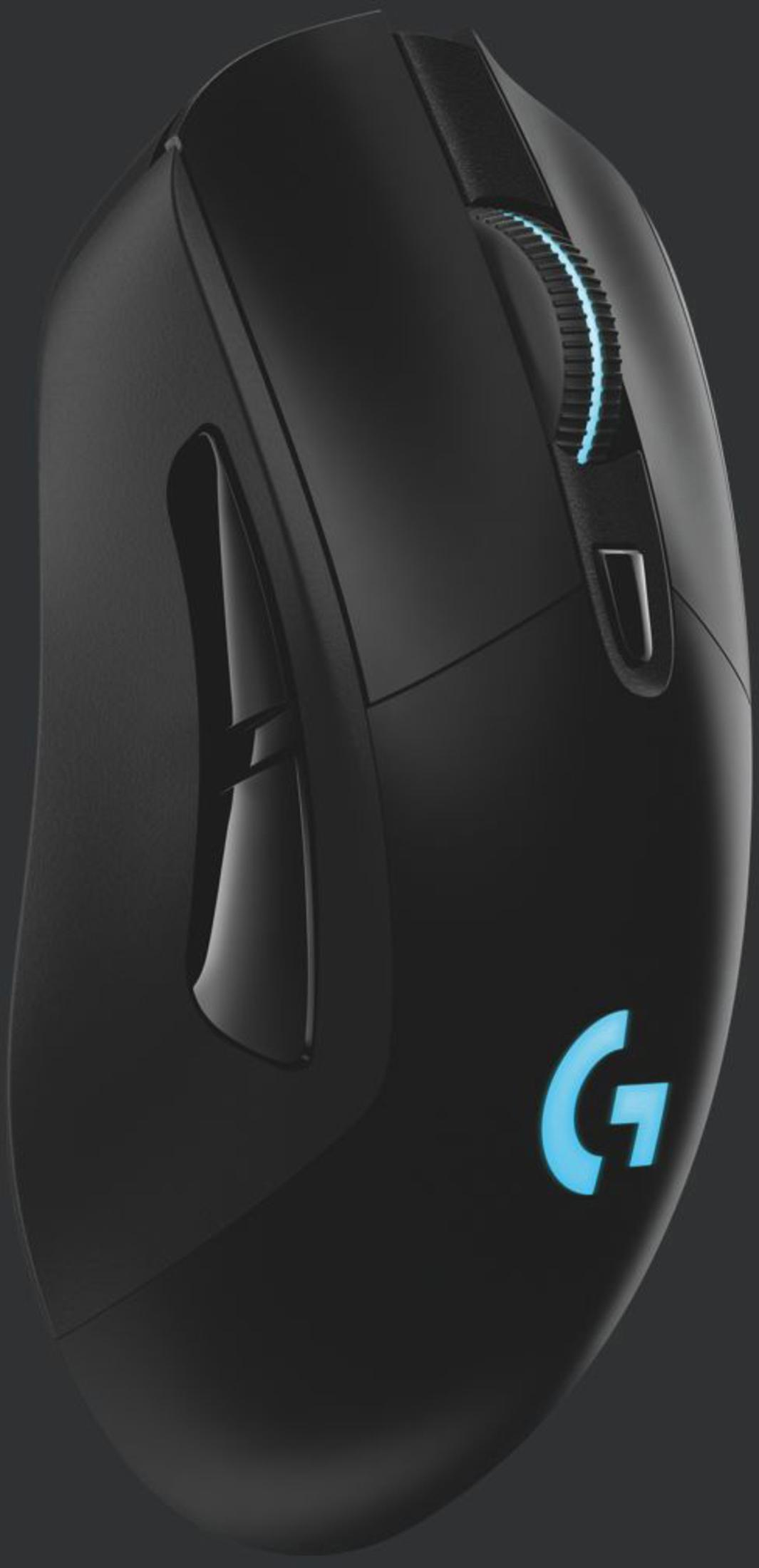 Eine schwarze Logitech-Gaming-Maus. Sie hat ein Scrollrad, Seitentasten und ein blau leuchtendes 'G'-Logo.