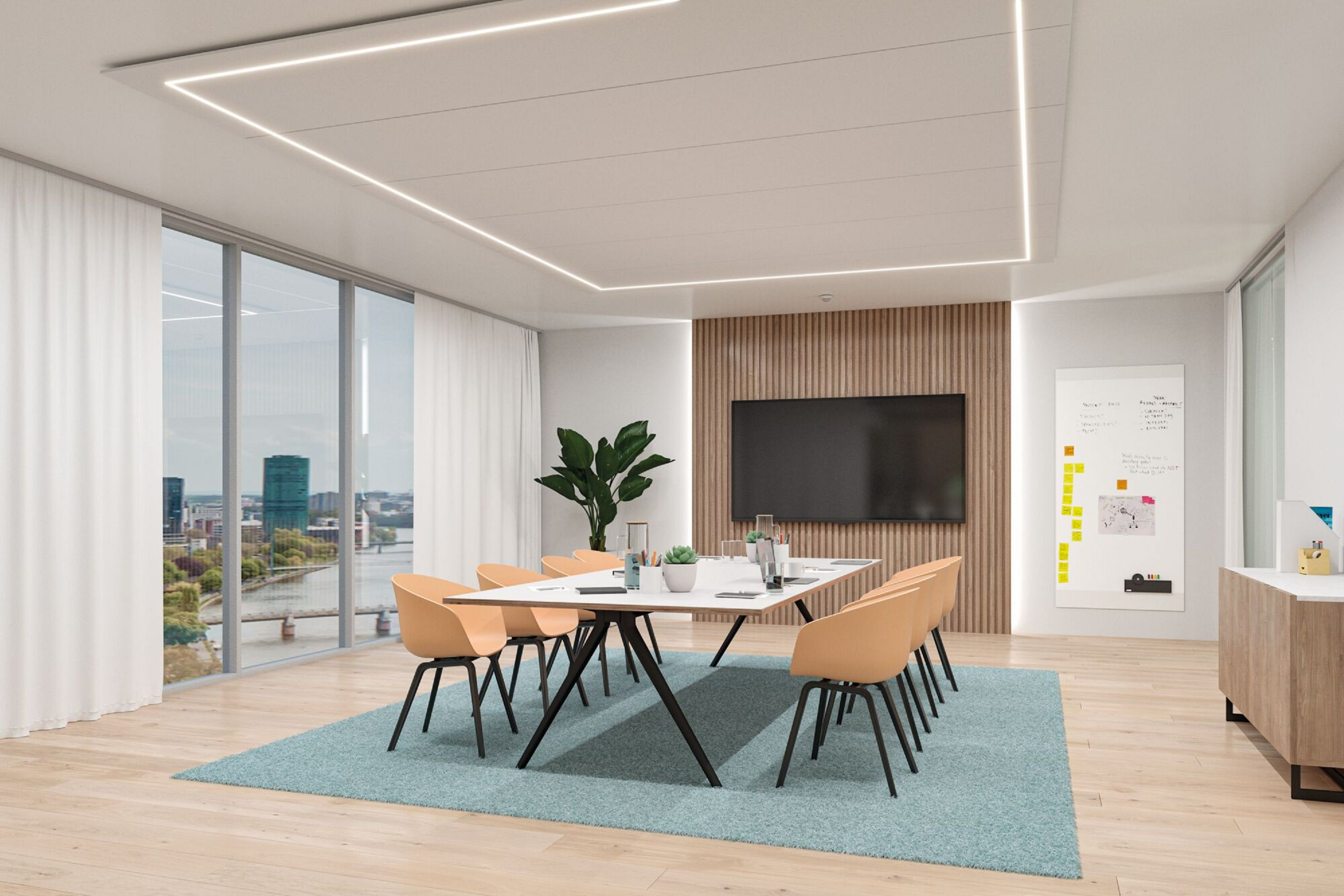 Nowoczesna sala konferencyjna. Stół, krzesła, telewizor i tablica. Widok na miasto przez okna.