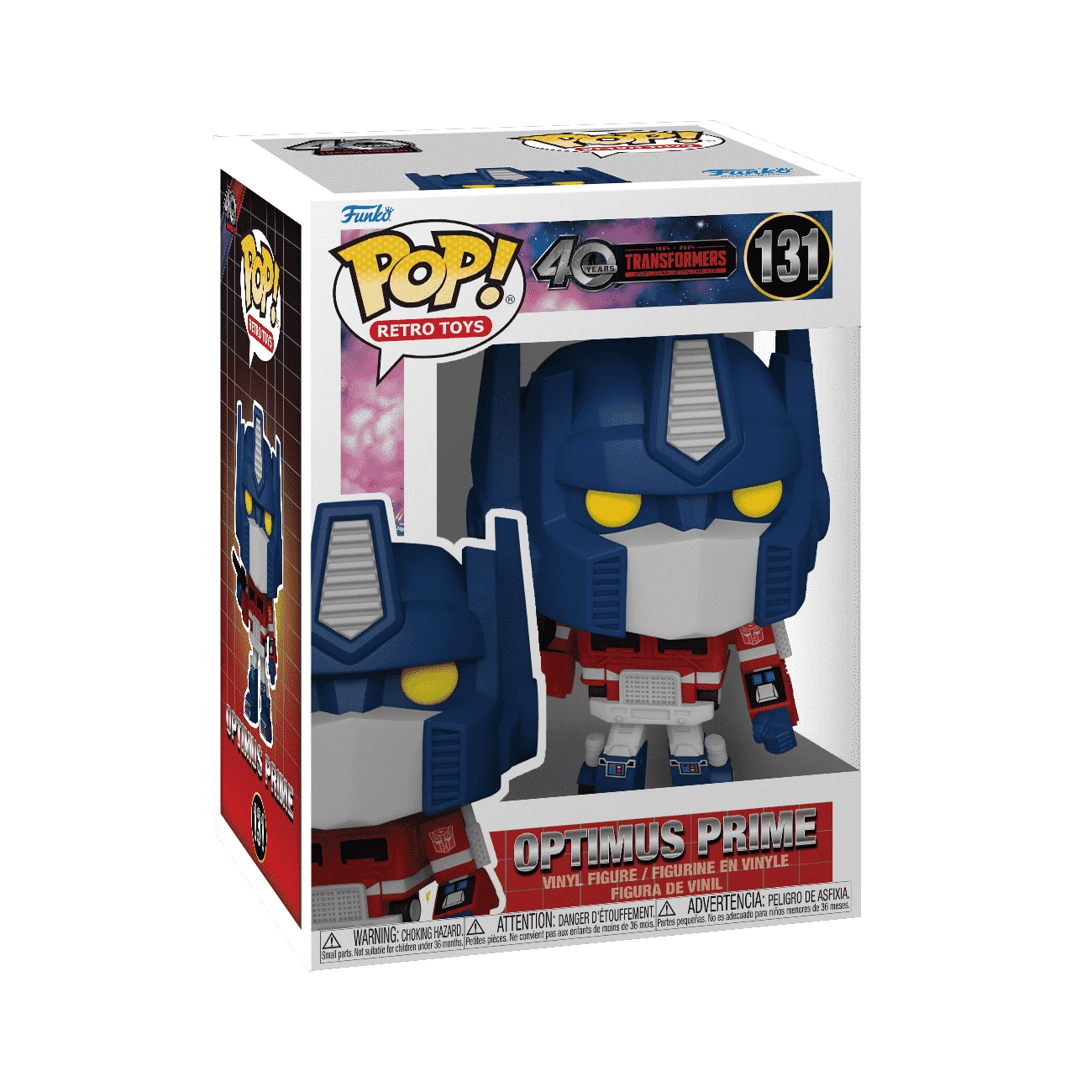 Una scatola Funko Pop con Optimus Prime. La figura è blu, rossa e bianca. La scatola ha loghi e testo, tra cui "Transformers" e "Retro Toys".