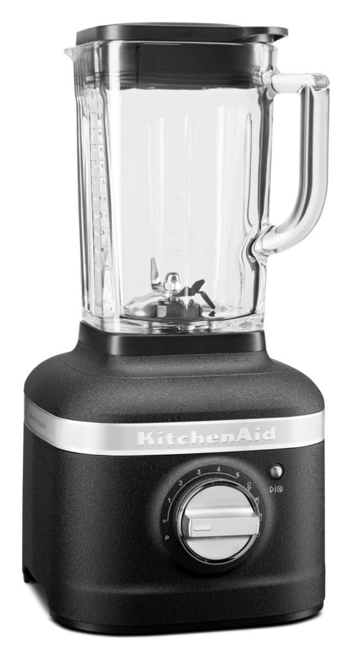 Ein schwarzer KitchenAid-Mixer mit einem Glaskrug. Er hat ein Zifferblatt mit Zahlen und eine Klinge im Inneren.
