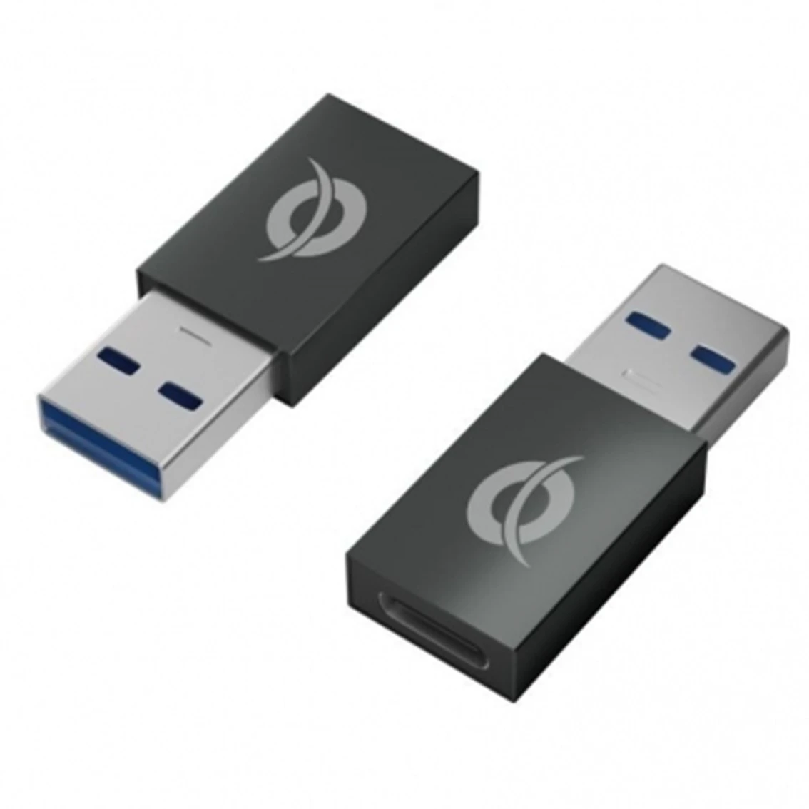 Due unità flash USB nere con connettori argentati. Ognuna ha un logo. Il connettore ha accenti blu e blu scuro.