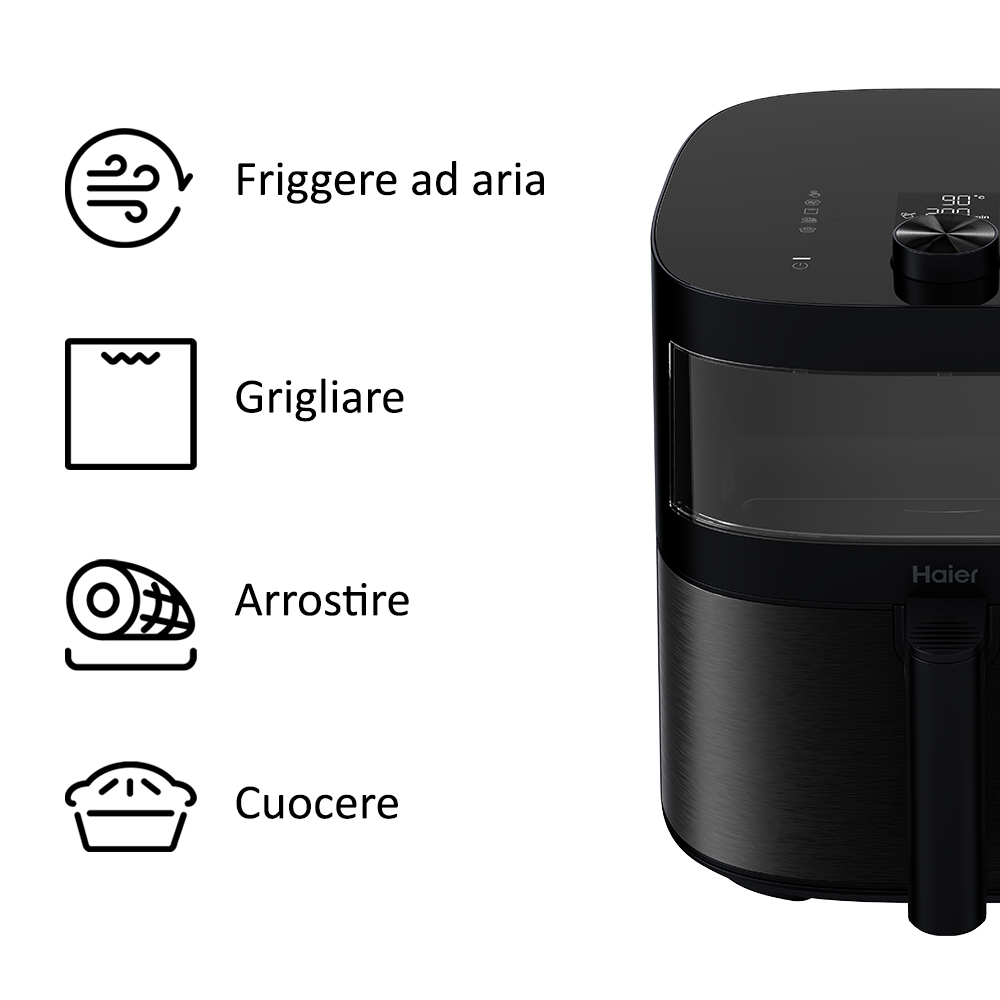 Una friggitrice ad aria Haier nera. Icone per friggere ad aria, grigliare, arrostire e cuocere al forno. Il display digitale mostra 90 gradi e timer.
