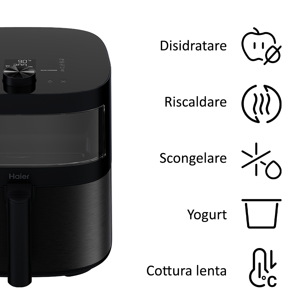 Una friggitrice ad aria nera Haier con icone di funzione per disidratare, riscaldare, scongelare, yogurt e cottura lenta. Il display mostra 90°C.