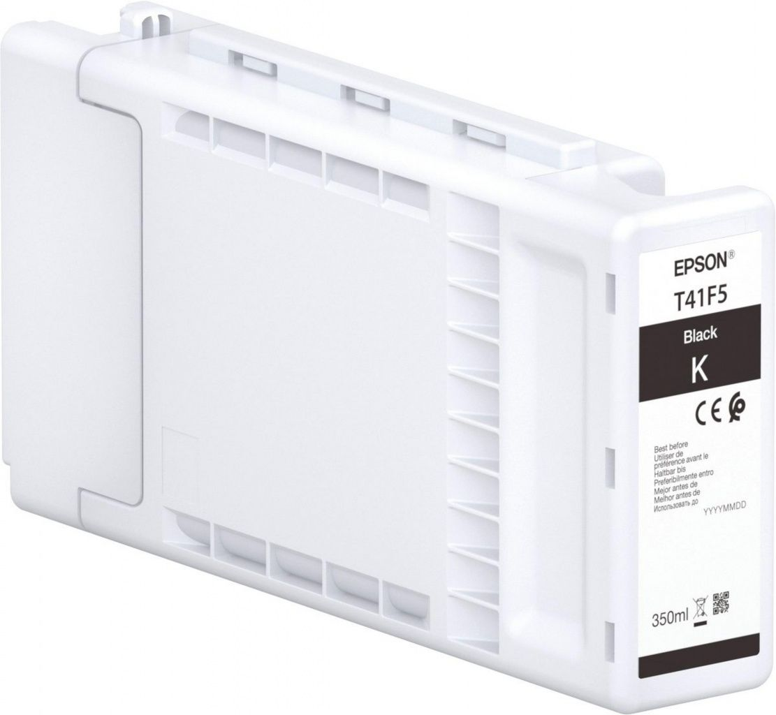 Een witte Epson T41F5 inktcartridge voor printers. Het heeft een zwart label met 'Zwart' en een '350ml' indicator.