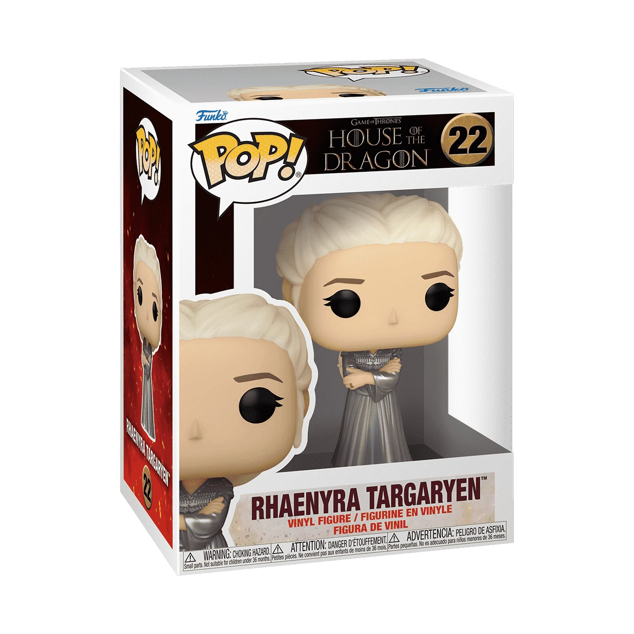 Figurka Funko Pop! Rhaenyry Targaryen z serialu Rodu Smoka, w pudełku. Figurka jest blondynką, nosi srebrną suknię.