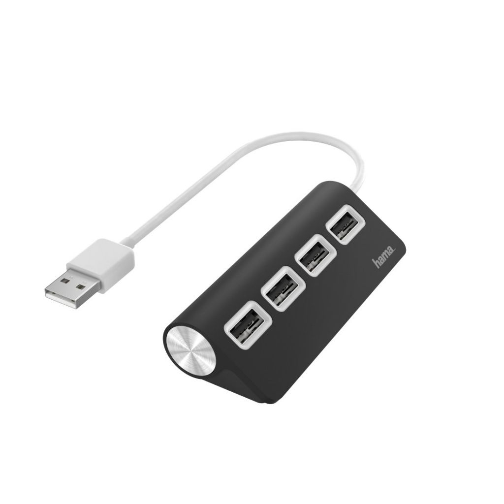 Ein schwarzer USB-Hub mit vier Anschlüssen, verbunden über ein weißes Kabel mit einem USB-Anschluss. Der Hub ist mit 'hama' beschriftet.
