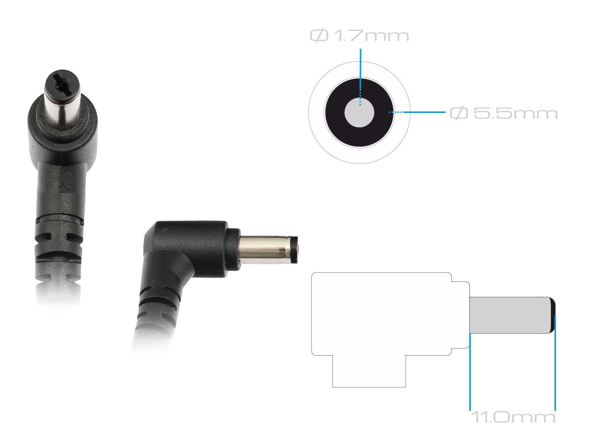 Schwarzer Netzadapter mit Maßen. Das Bild zeigt den Adapter und seine Abmessungen. Diagramme von Steckern sind ebenfalls vorhanden.