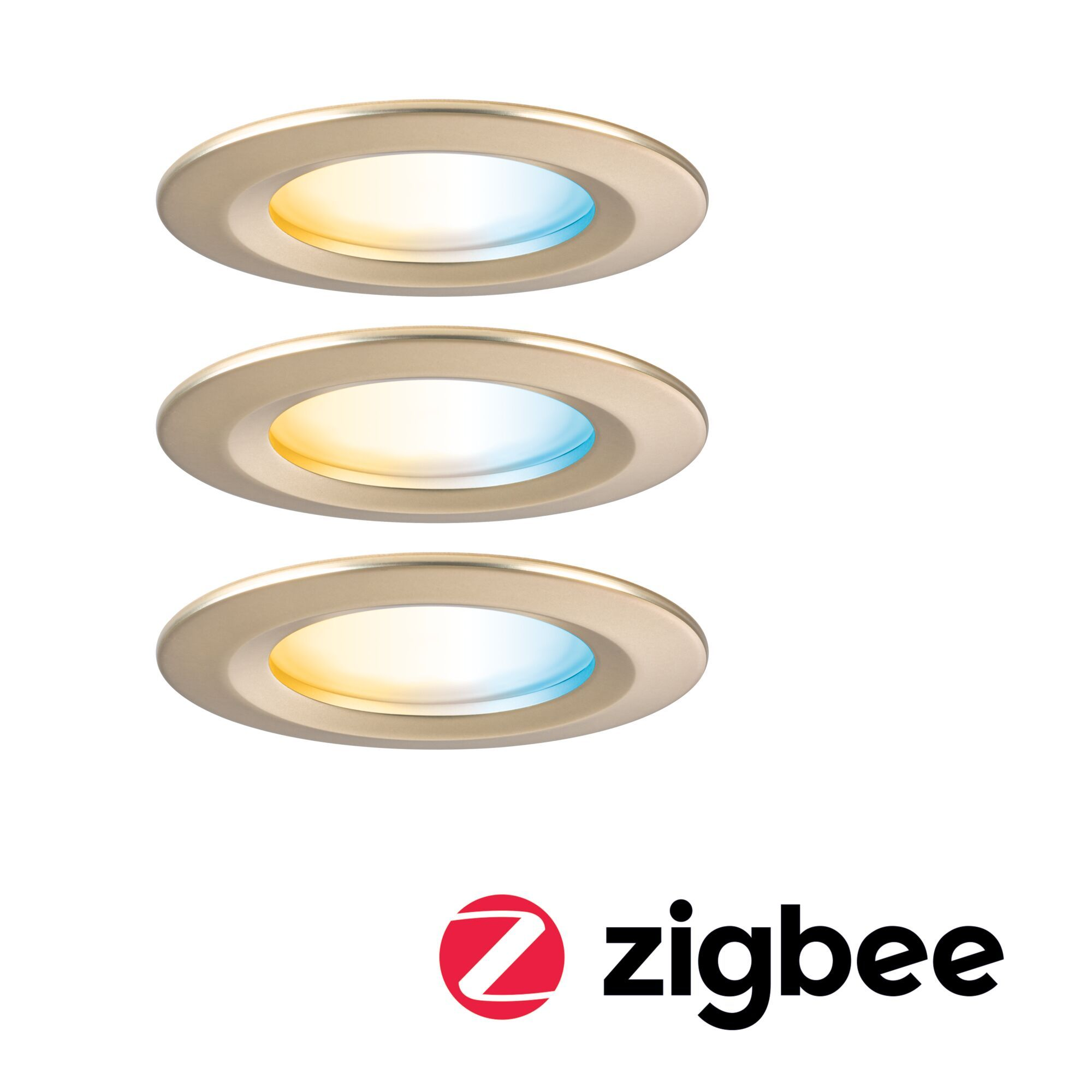 Drei runde, goldfarbene Einbauleuchten mit Farbwechsel. Ein Zigbee-Logo befindet sich in der Ecke.