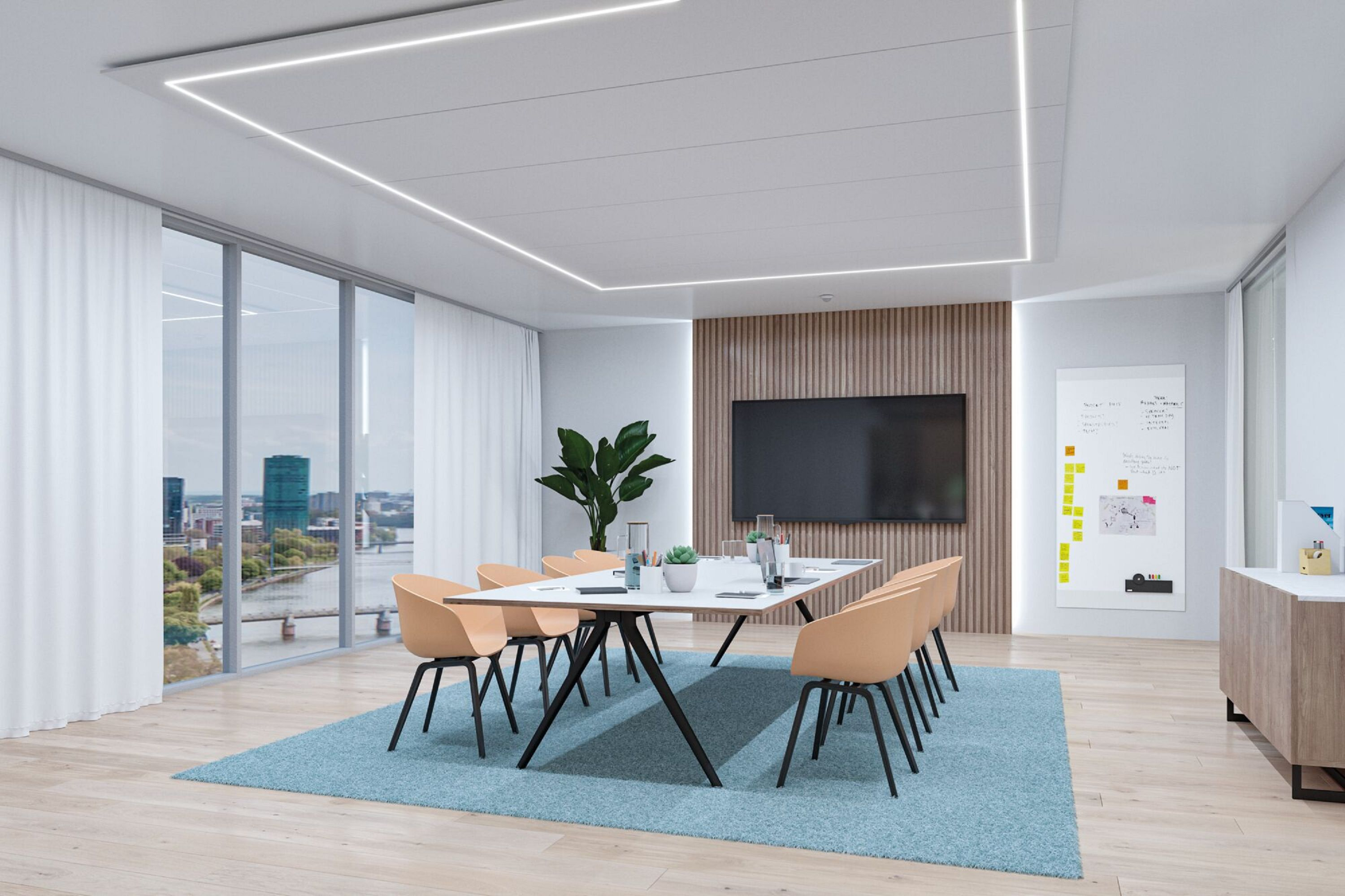 Sala konferencyjna ze stołem, krzesłami, dużym ekranem, oknem z widokiem na miasto i dywanem.