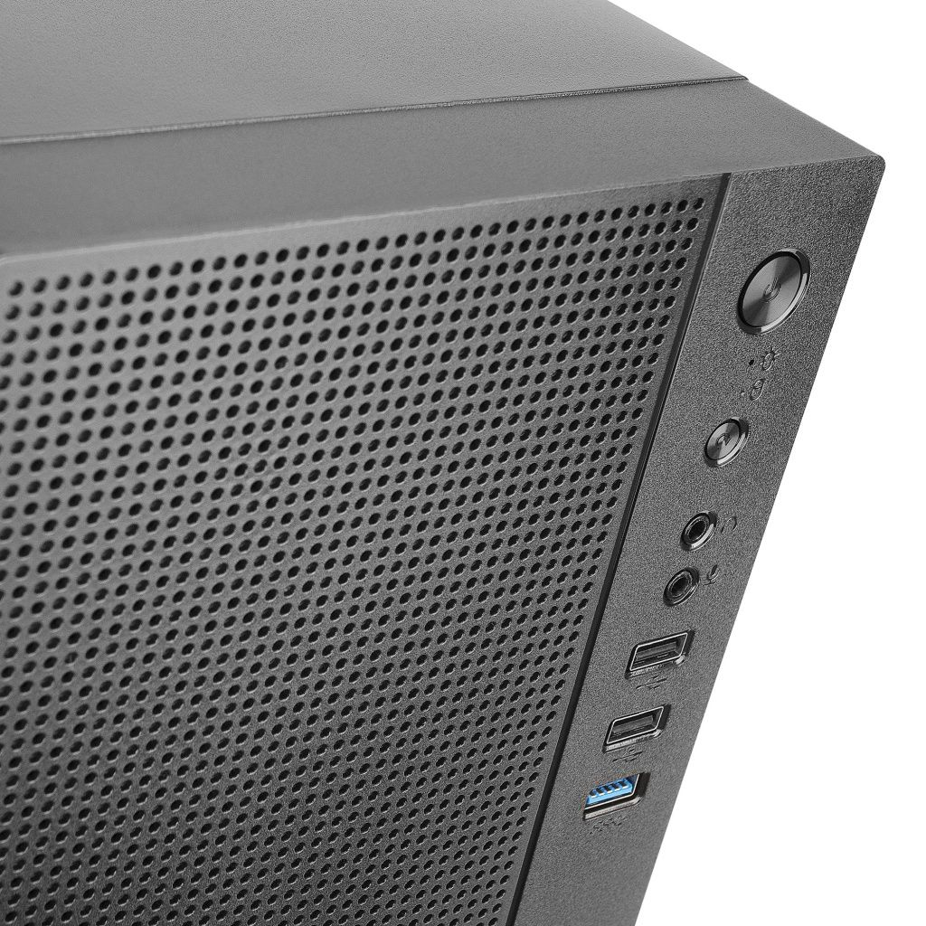 Un case per computer grigio scuro con pannello frontale perforato e pannello laterale con pulsanti e porte USB.
