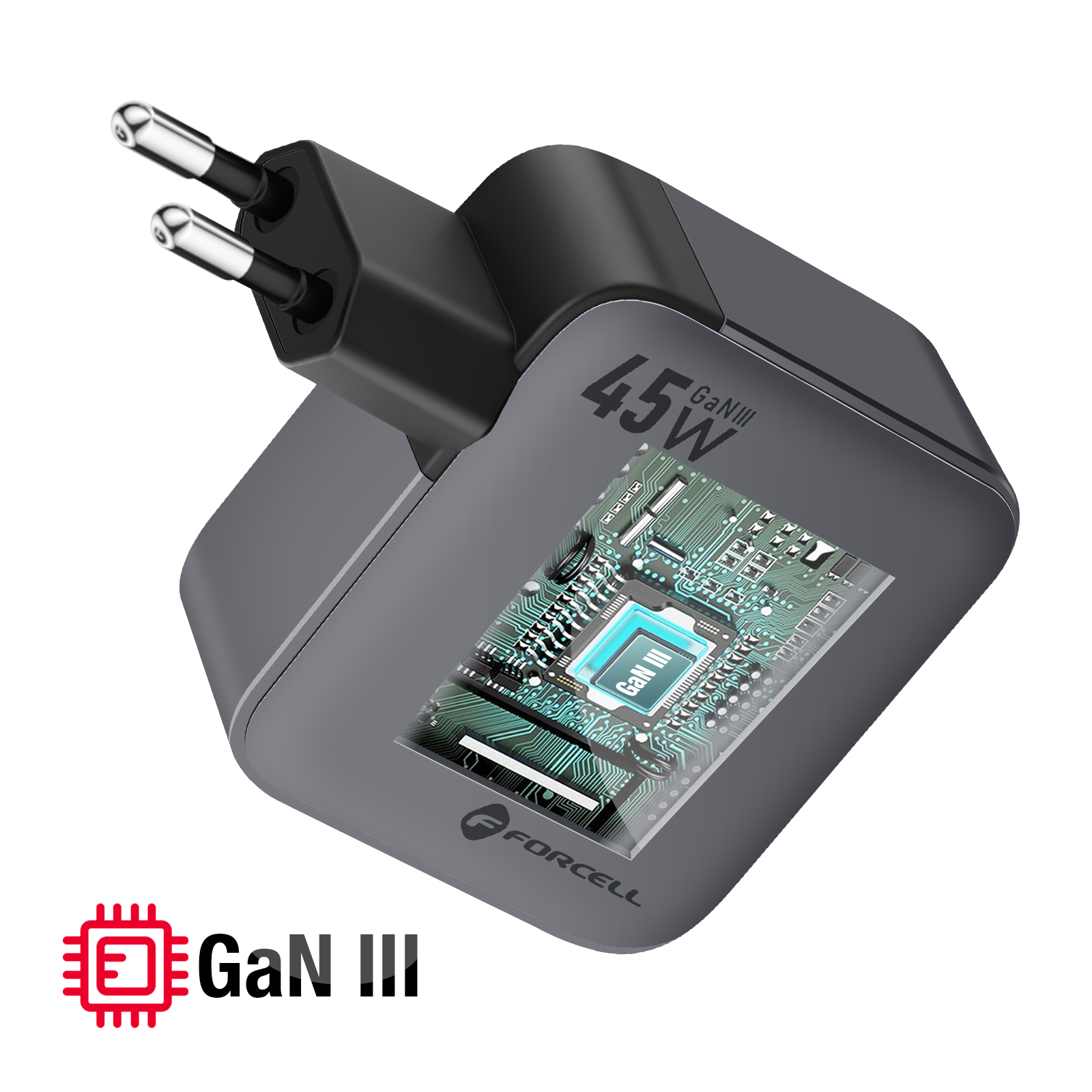 Un caricatore grigio GaN III da 45W. Ha una spina nera e mostra un design di circuito. Il marchio è Forcecell.