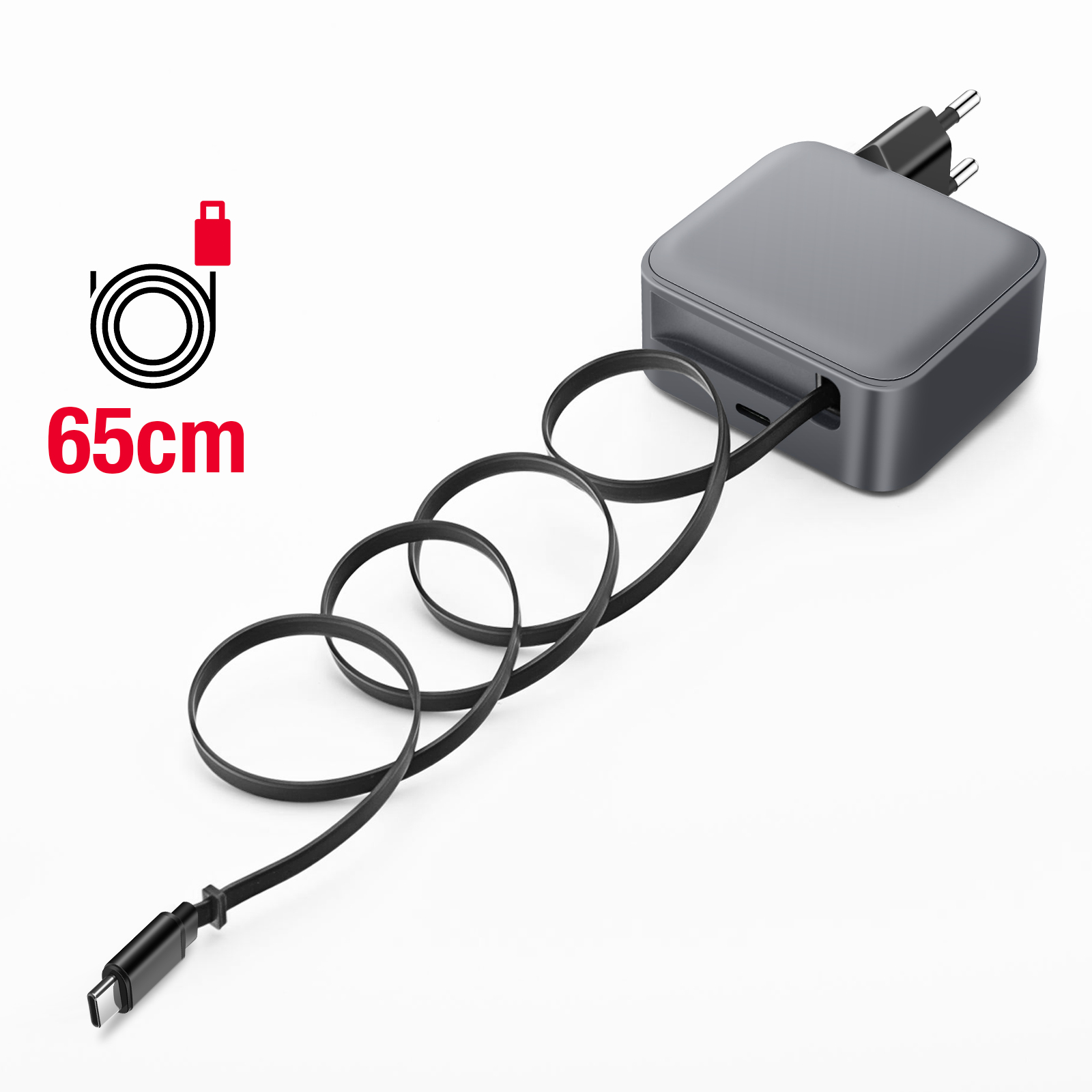 Un adattatore di alimentazione grigio con un cavo nero. Il cavo è lungo 65 cm. È collegato a un connettore USB-C.