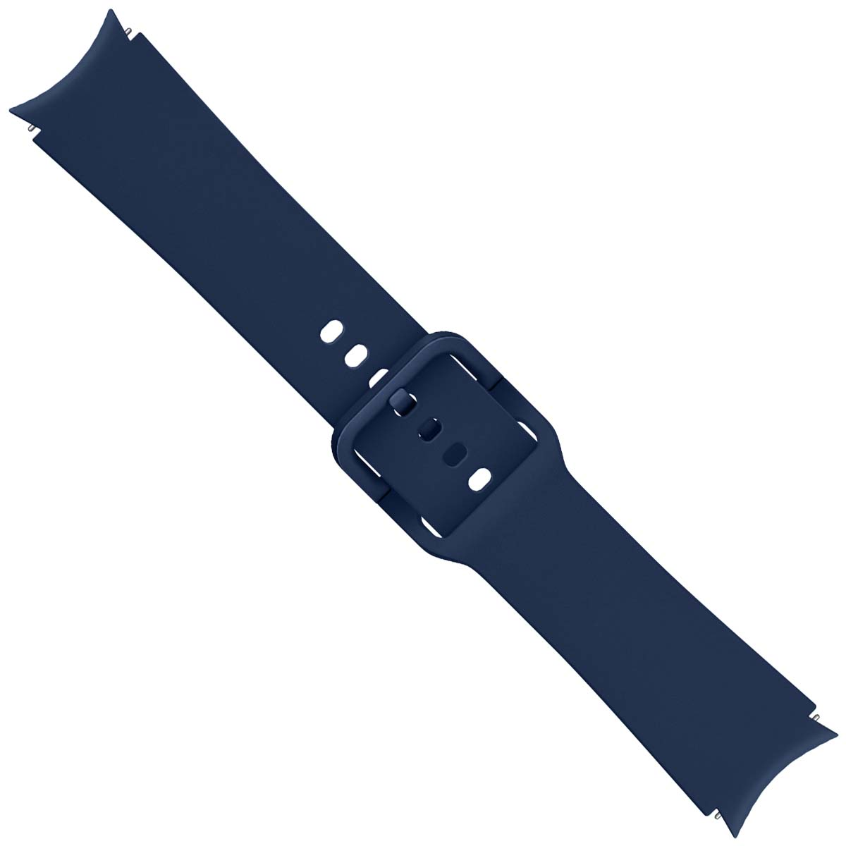 Una correa de reloj azul marino, en diagonal sobre un fondo blanco. Cuenta con una hebilla y agujeros para ajuste.