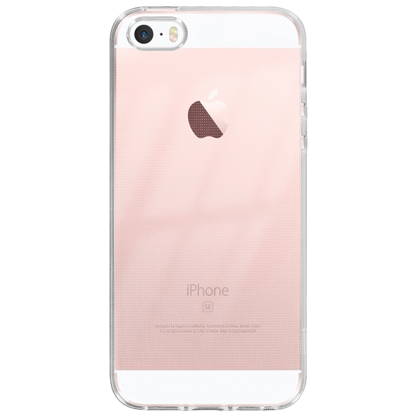 Un iPhone SE oro rosa in una custodia trasparente. Il logo Apple è visibile. Il telefono è centrato, con la fotocamera in alto.