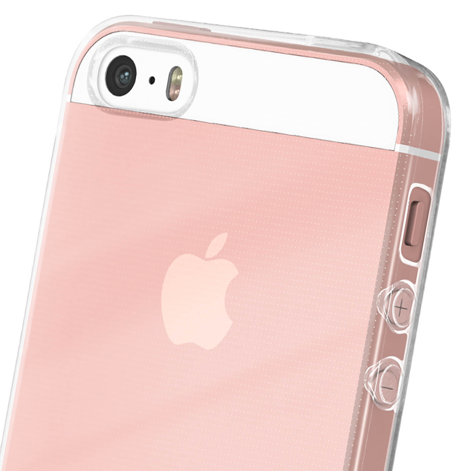 Primo piano di un iPhone rosa in una custodia protettiva trasparente. Il logo Apple è visibile.