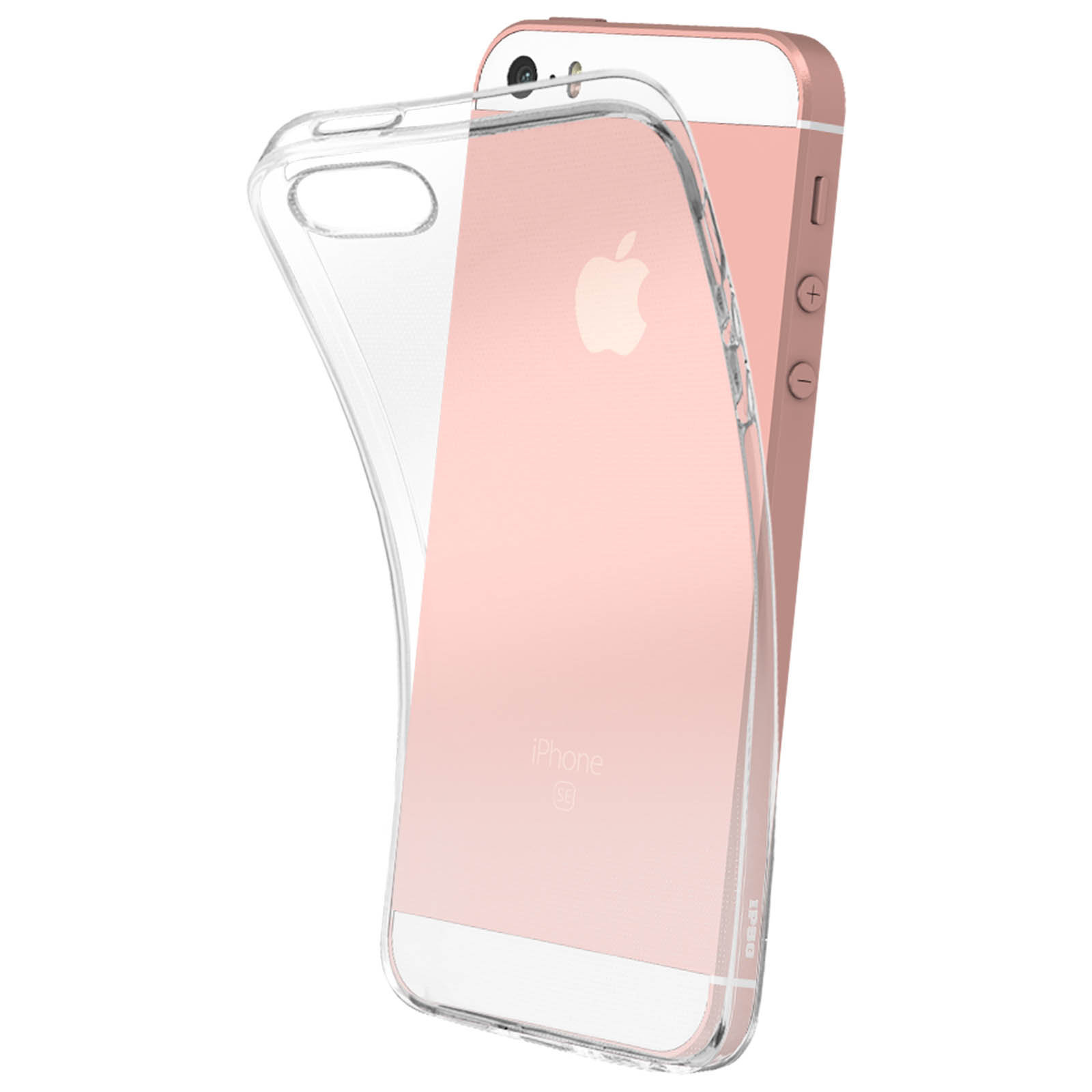 Un iPhone SE oro rosa con una custodia trasparente e flessibile è visibile. La custodia copre parzialmente il telefono, su sfondo bianco.
