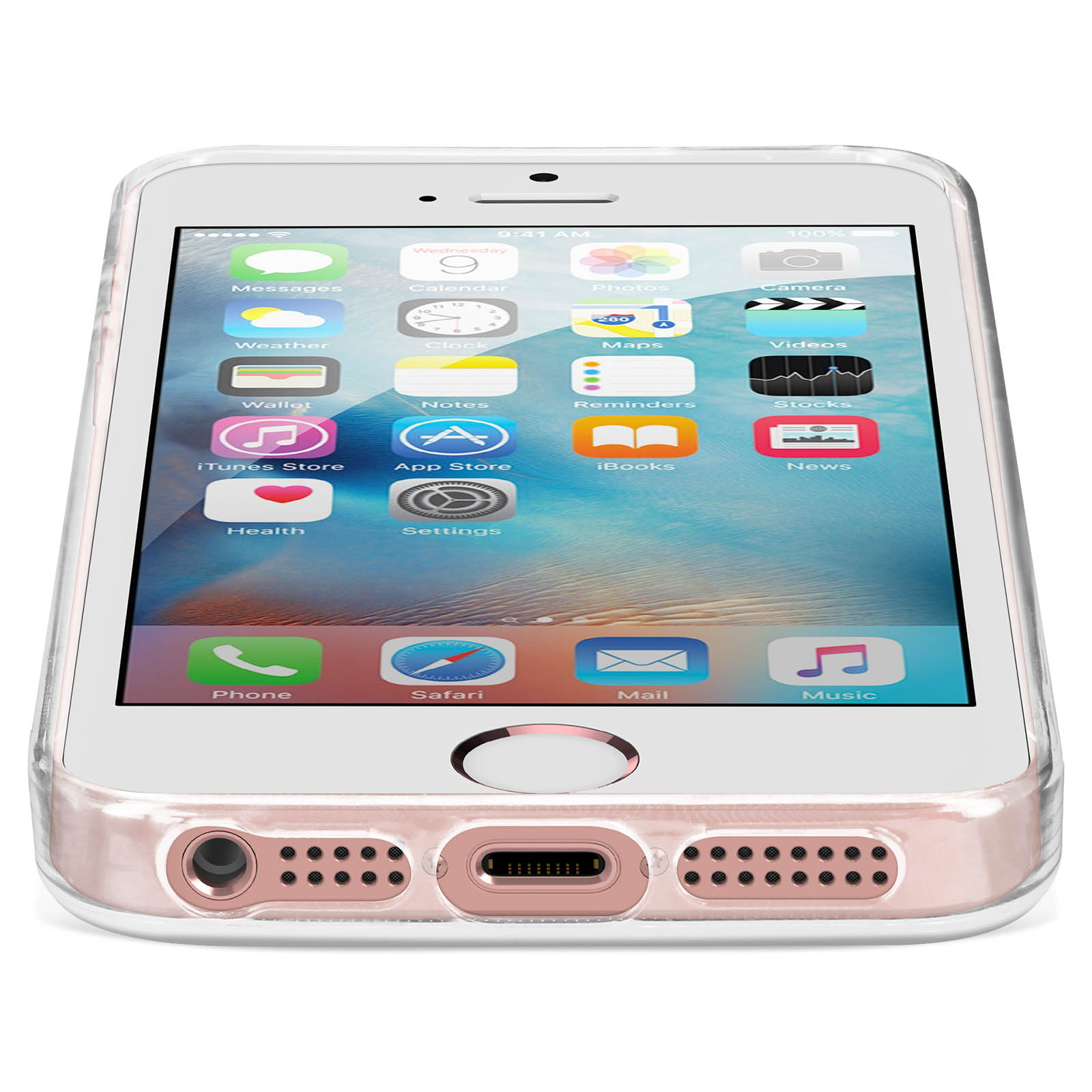 Un iPhone bianco con custodia rosa. Lo schermo mostra le icone delle app. Il telefono è davanti a uno sfondo bianco.