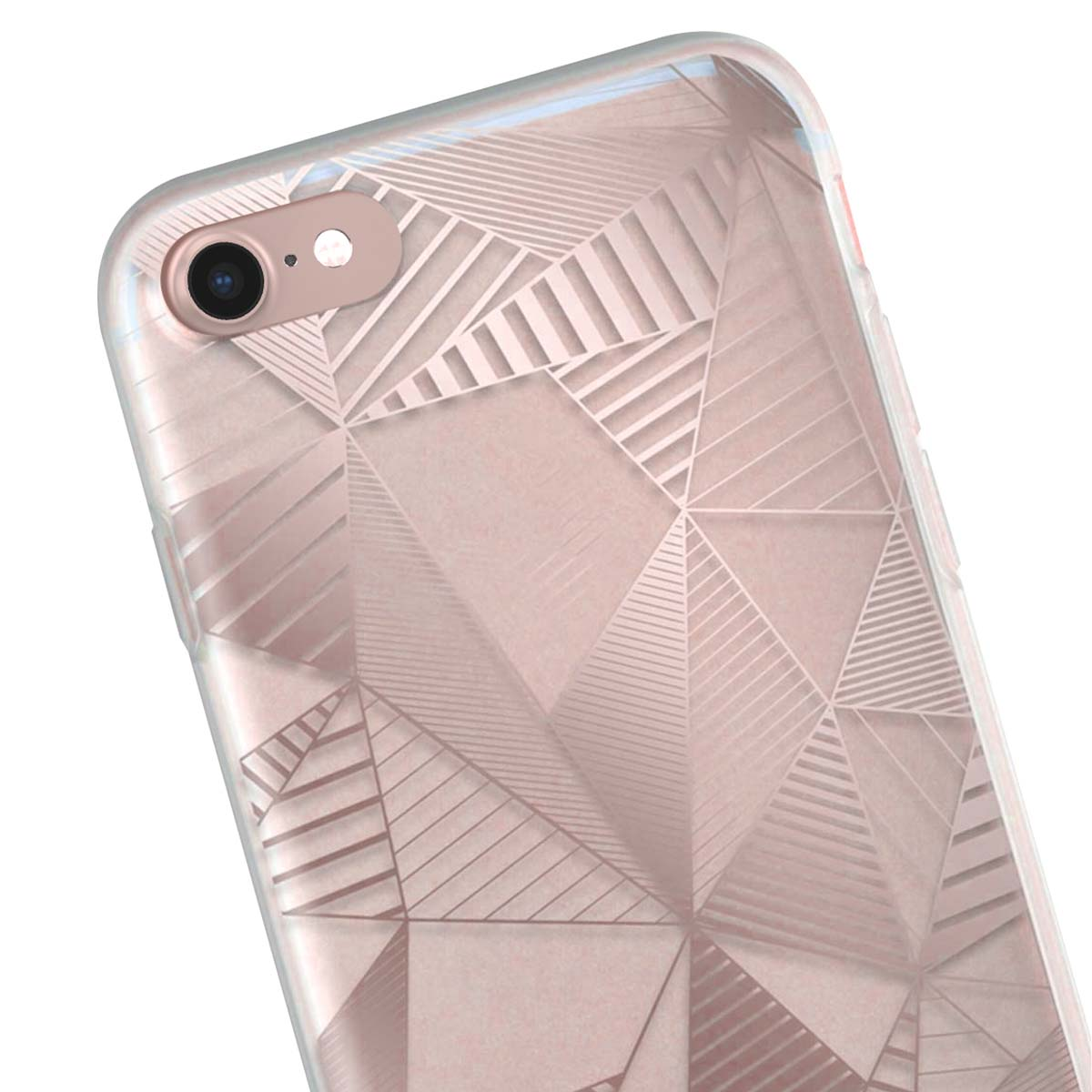 Primo piano di una custodia per telefono con motivi geometrici. La custodia è rosa con bordo trasparente, la fotocamera è visibile.