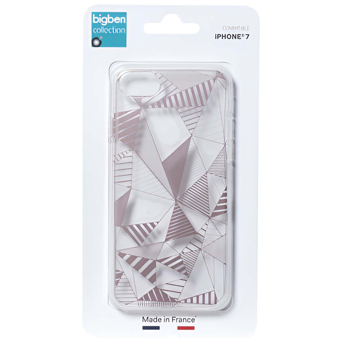 Custodia trasparente per iPhone 7 con design geometrico in confezione bianca. Testo: Made in France. Marca: Bigben collection.