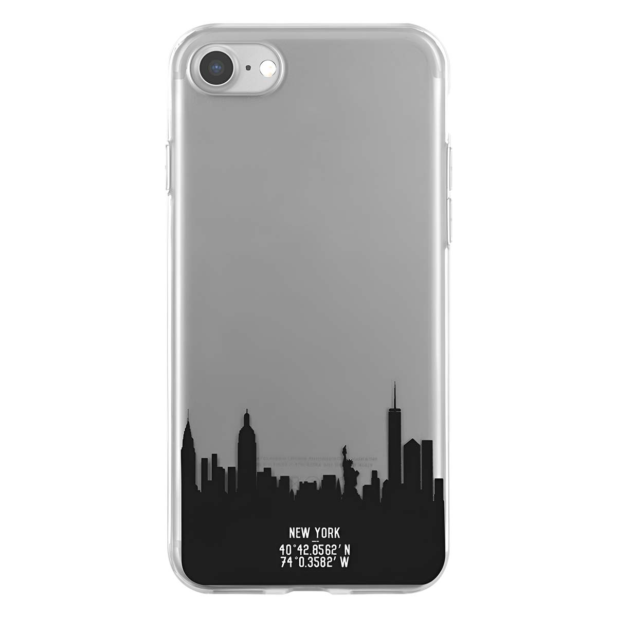 Una custodia per telefono con una silhouette dello skyline di New York City. La custodia è grigia con edifici neri e coordinate sottostanti.