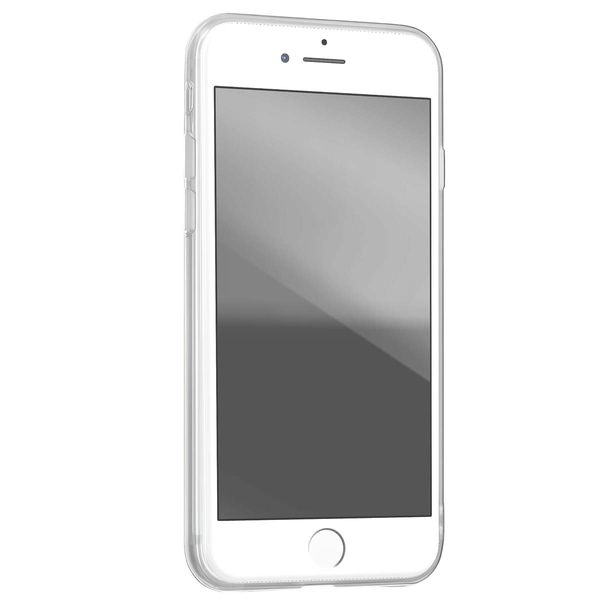 Uno smartphone bianco in una custodia trasparente. Lo schermo è spento e mostra una sfumatura grigia.