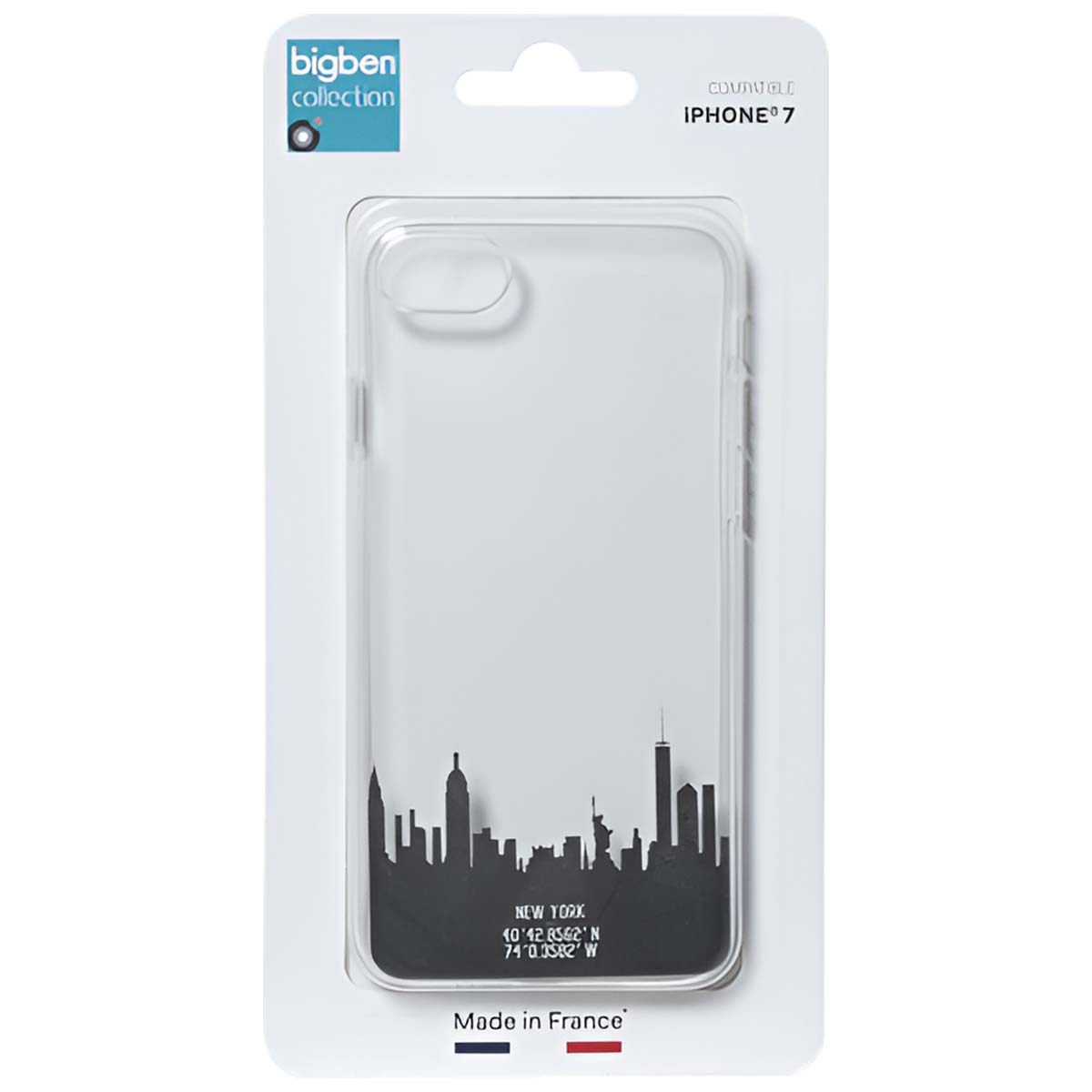 Custodia trasparente per iPhone 7 in confezione con silhouette dello skyline di New York. La confezione ha il marchio Bigben e iPhone 7.