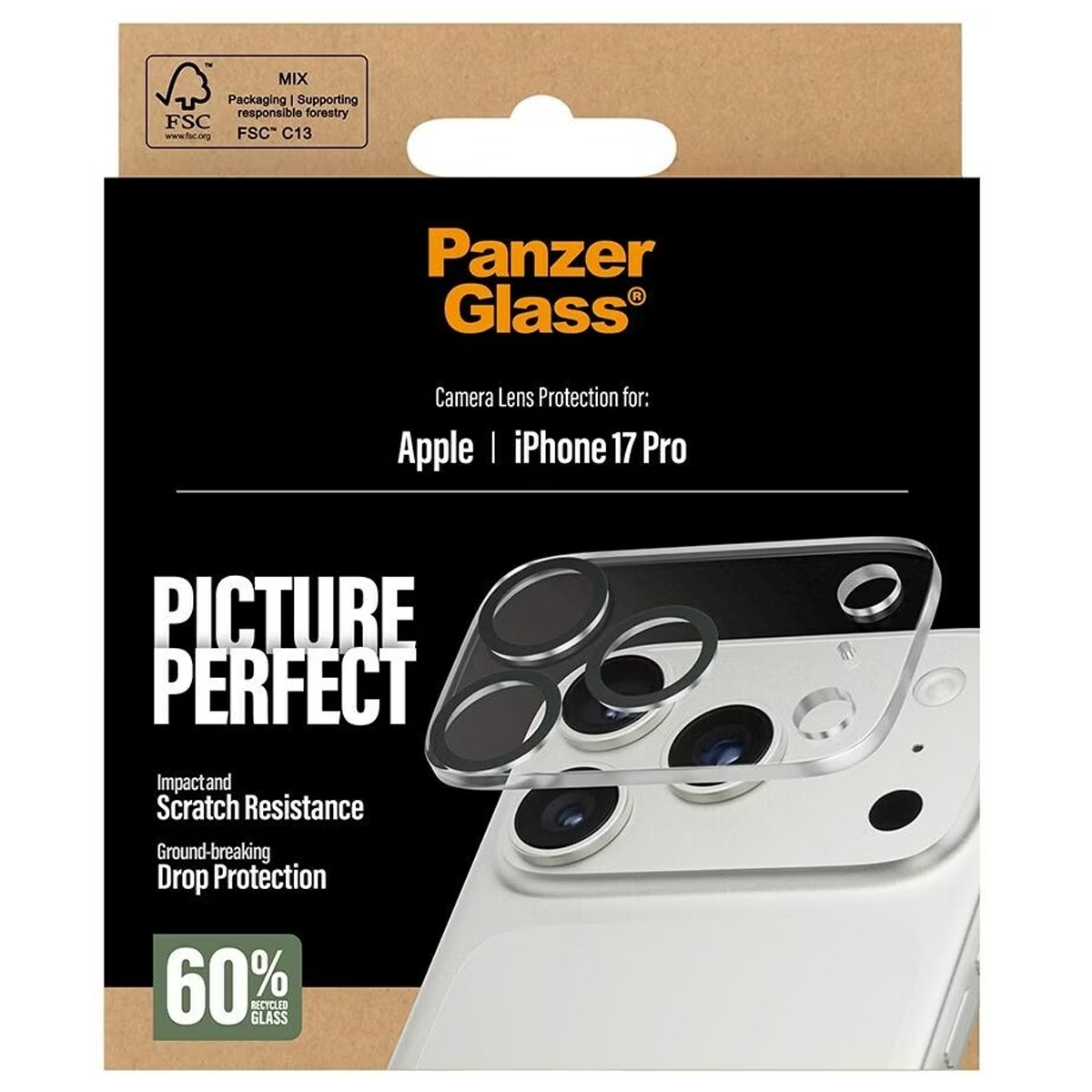Viene mostrato un proteggi obiettivo per fotocamera Panzer Glass per iPhone 17 Pro. La confezione evidenzia la protezione da graffi e cadute.