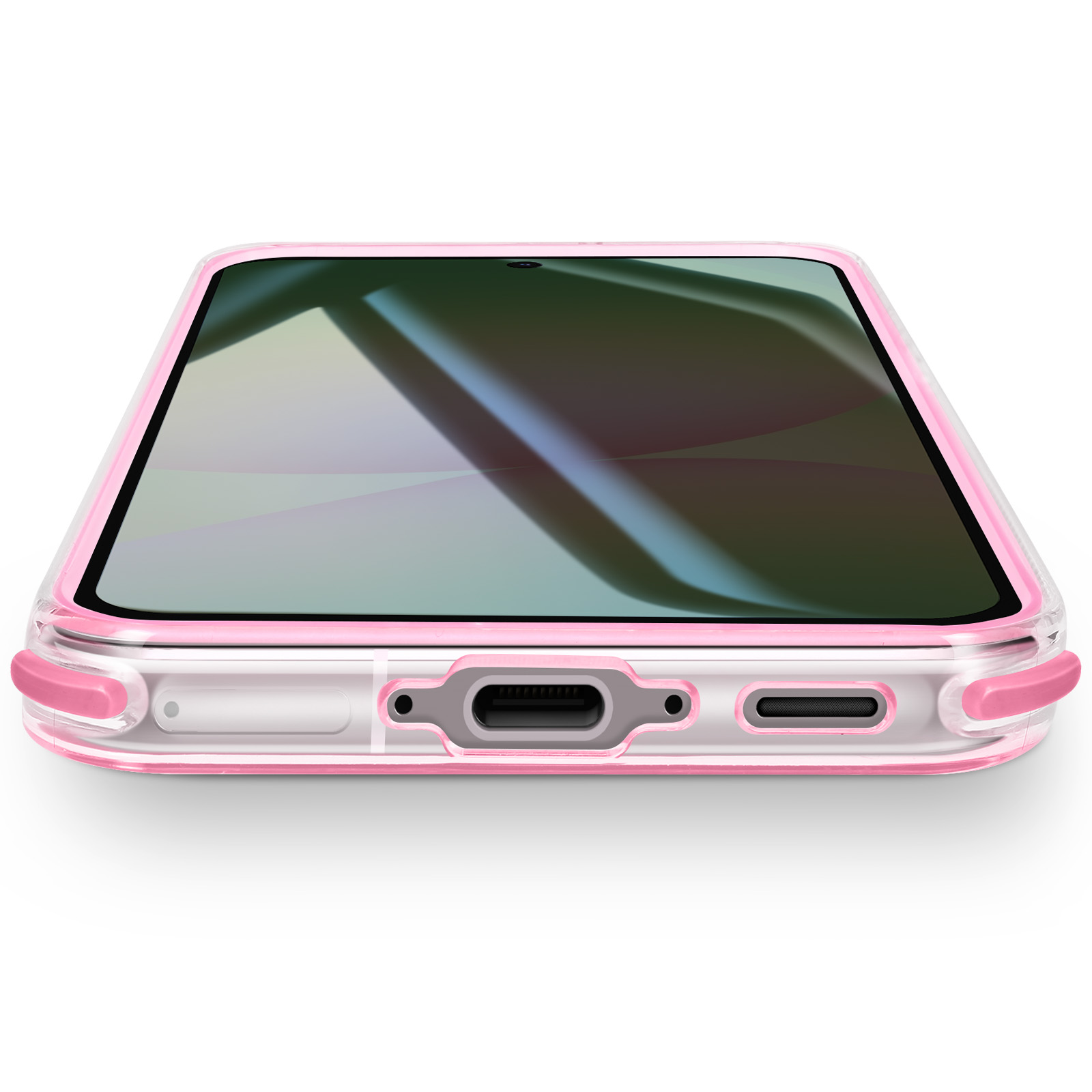 Una custodia per telefono, trasparente con bordo rosa, giace su una superficie bianca. Lo schermo è visibile, riflettendo la luce.