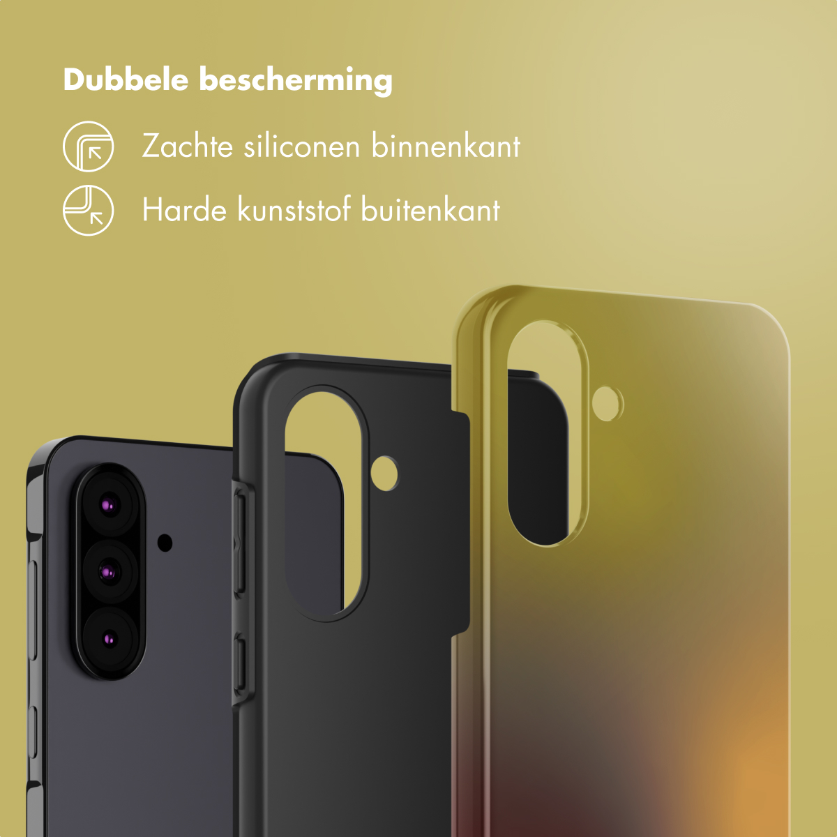 Tre custodie per telefoni in nero e giallo. Il testo sopra dice 'Doppia protezione', con dettagli sui materiali della custodia.