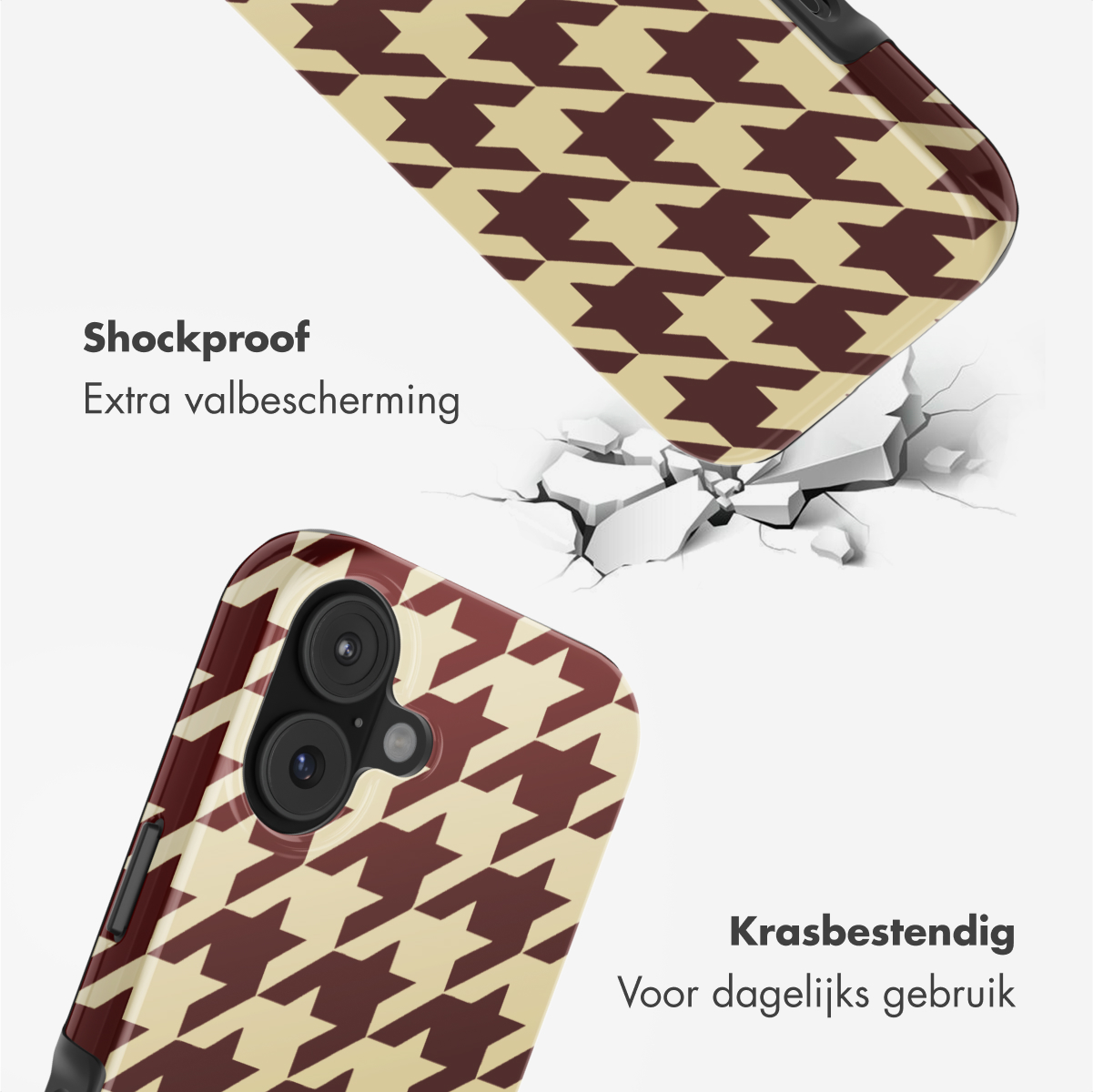 Telefoonhoesje met pied-de-poule patroon. Een hoesje valt en barst de grond. Tekst: Schokbestendig, Krasbestendig.