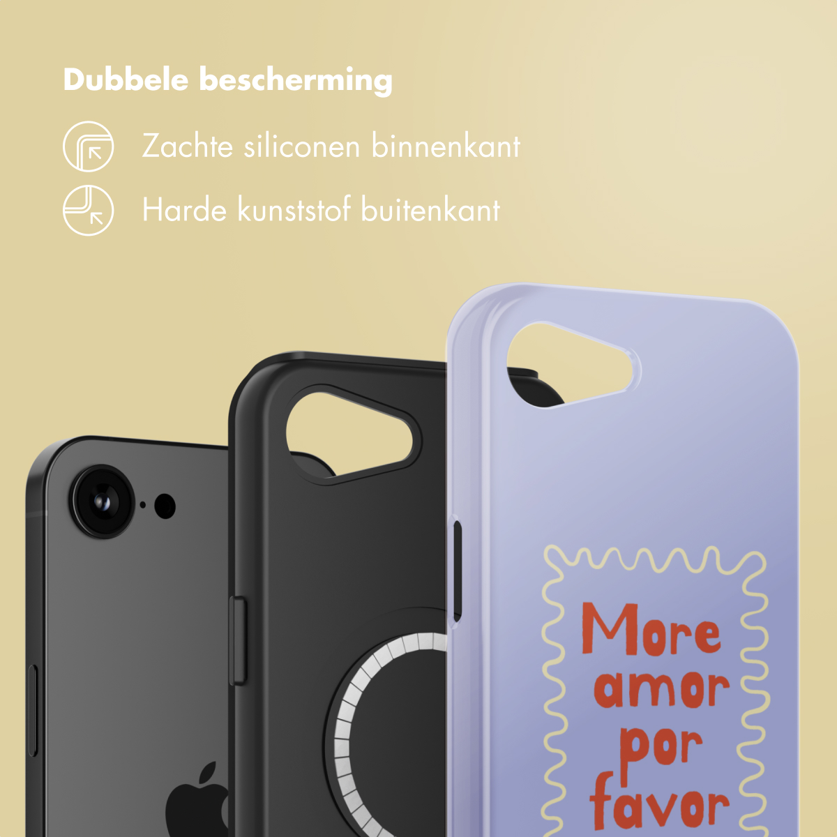 Trois coques de téléphone : noire, grise et lavande. La coque lavande porte l'inscription "More amor por favor". Le fond est jaune.