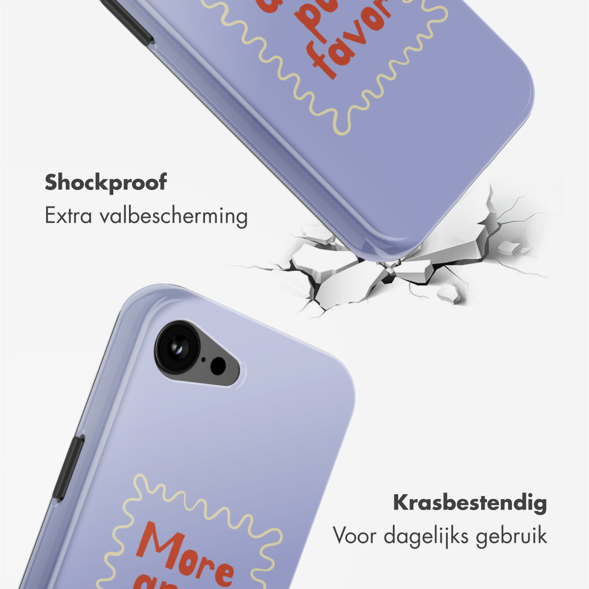 Deux coques de téléphone, lilas avec du texte, l'une frappant une surface et la fissurant. Le texte indique 'Antichoc' et 'Résistant aux rayures'.