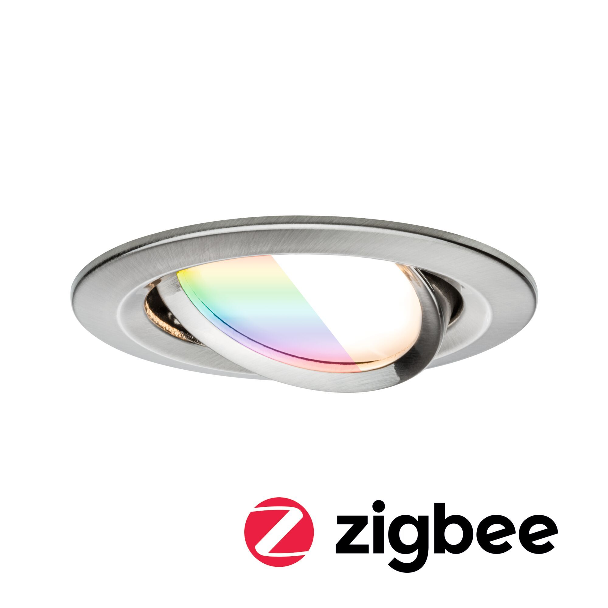 Okrągła, srebrna lampa wpuszczana z kolorową diodą LED. Logo Zigbee w prawym dolnym rogu.