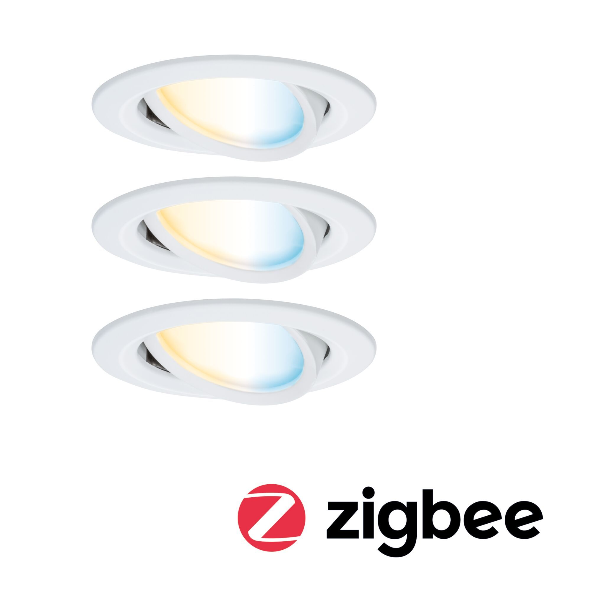 Drei weiße Einbauleuchten mit einstellbaren Farbtemperaturen. Zigbee-Logo unten rechts.